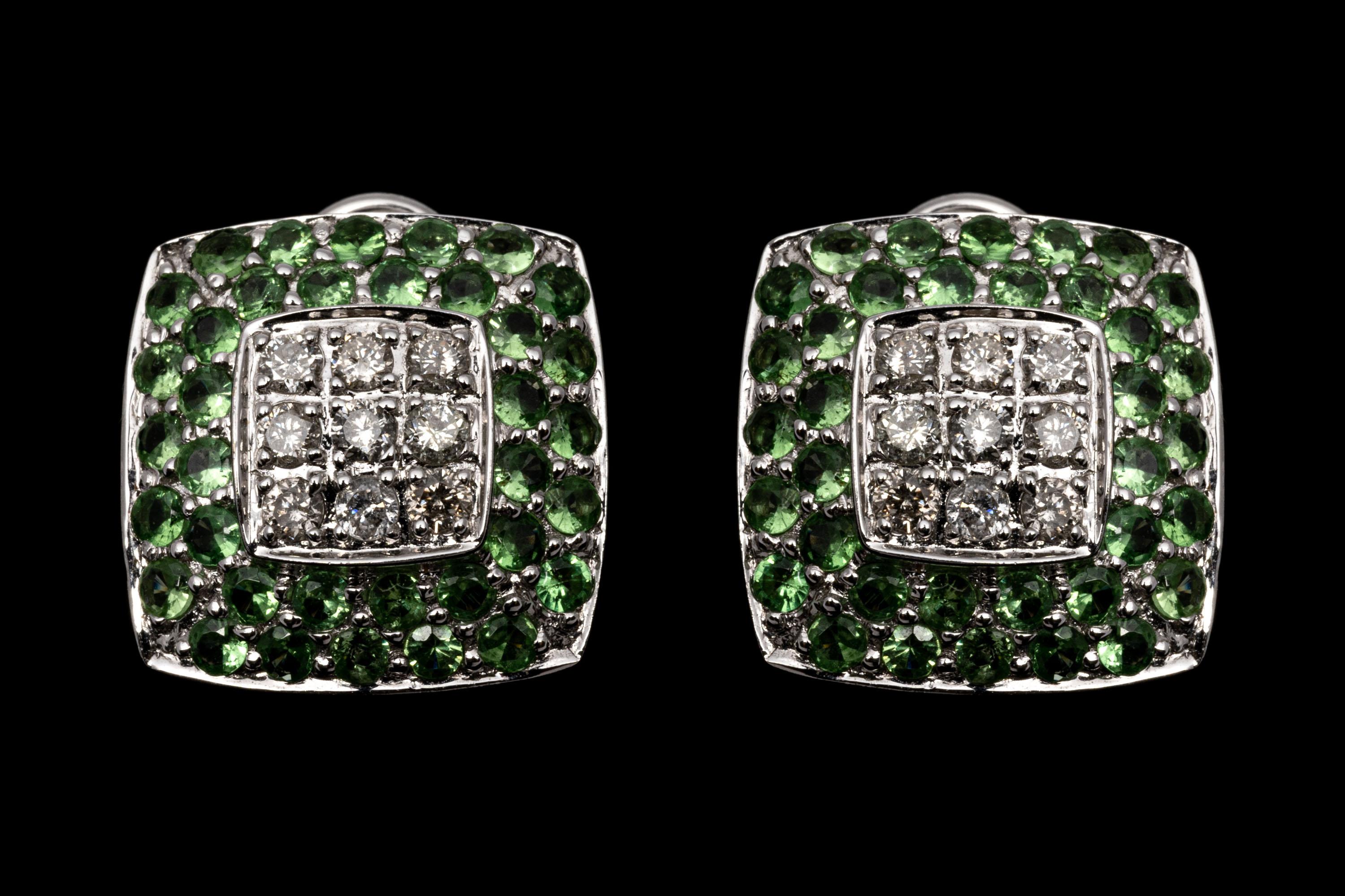 18k White Gold Magnificent Tsavorite and Diamond Pave Set Cushion Earrings For Sale 2