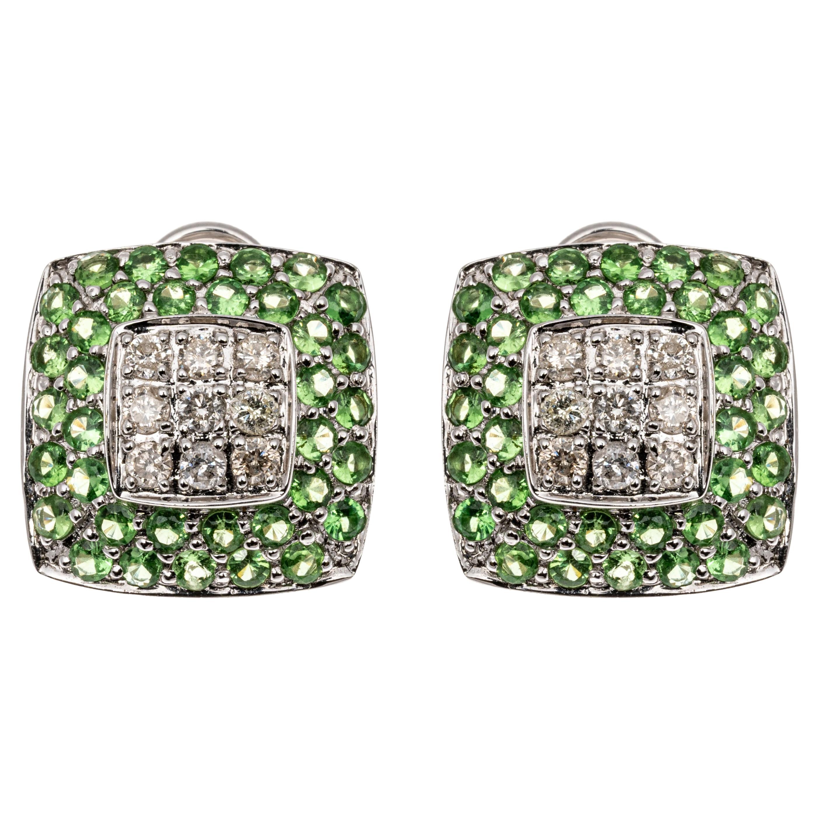 18k White Gold Magnificent Tsavorite and Diamond Pave Set Cushion Earrings For Sale
