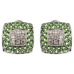 18k White Gold Magnificent Tsavorite and Diamond Pave Set Cushion Earrings