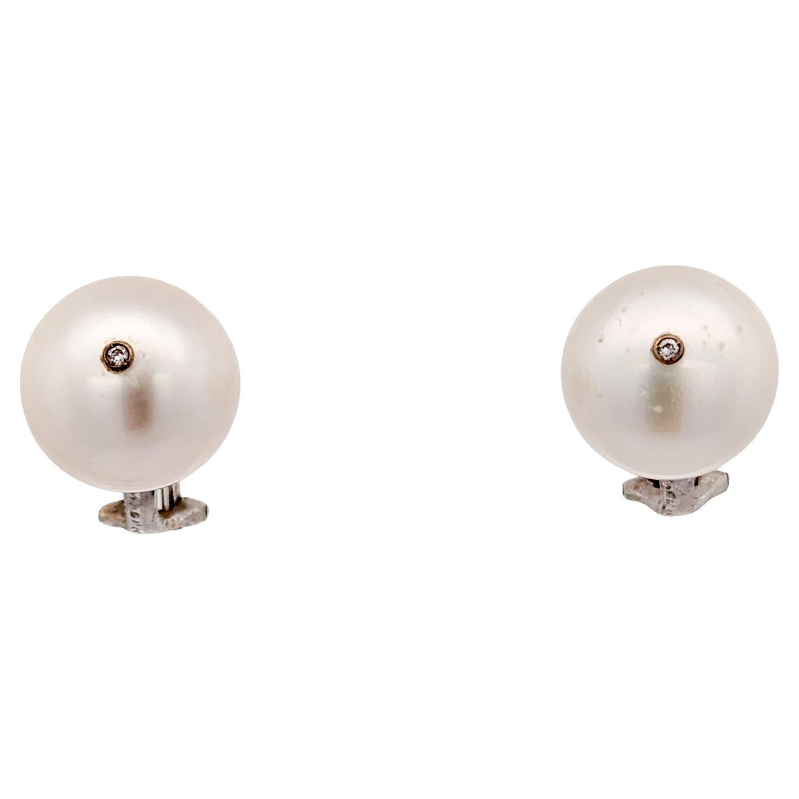 18k White Gold Mario Buccellati Pearl & Diamond French Clip Earrings For Sale