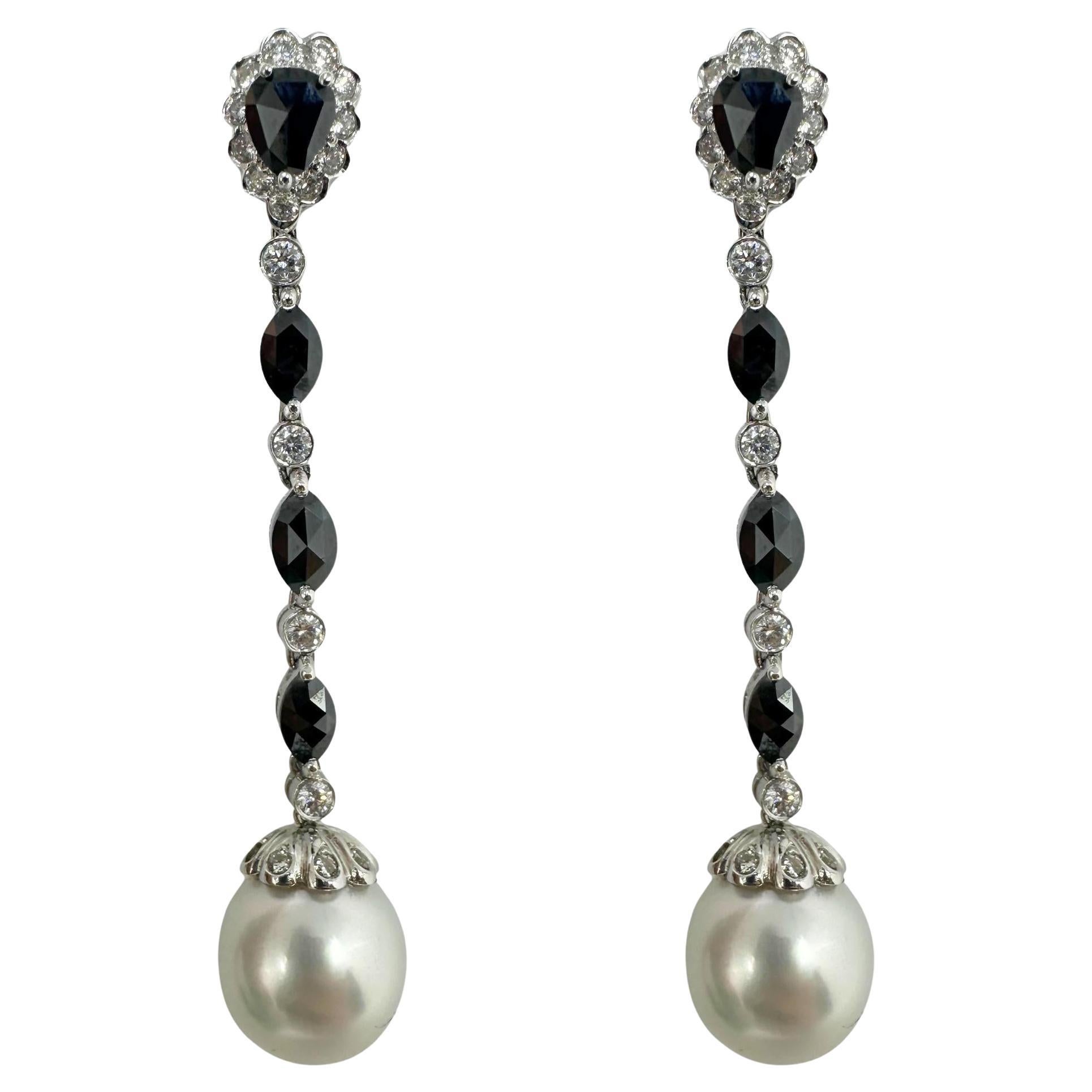 18K White Gold Marquise and Pear Cut Black and White Diamond Drop Earrings