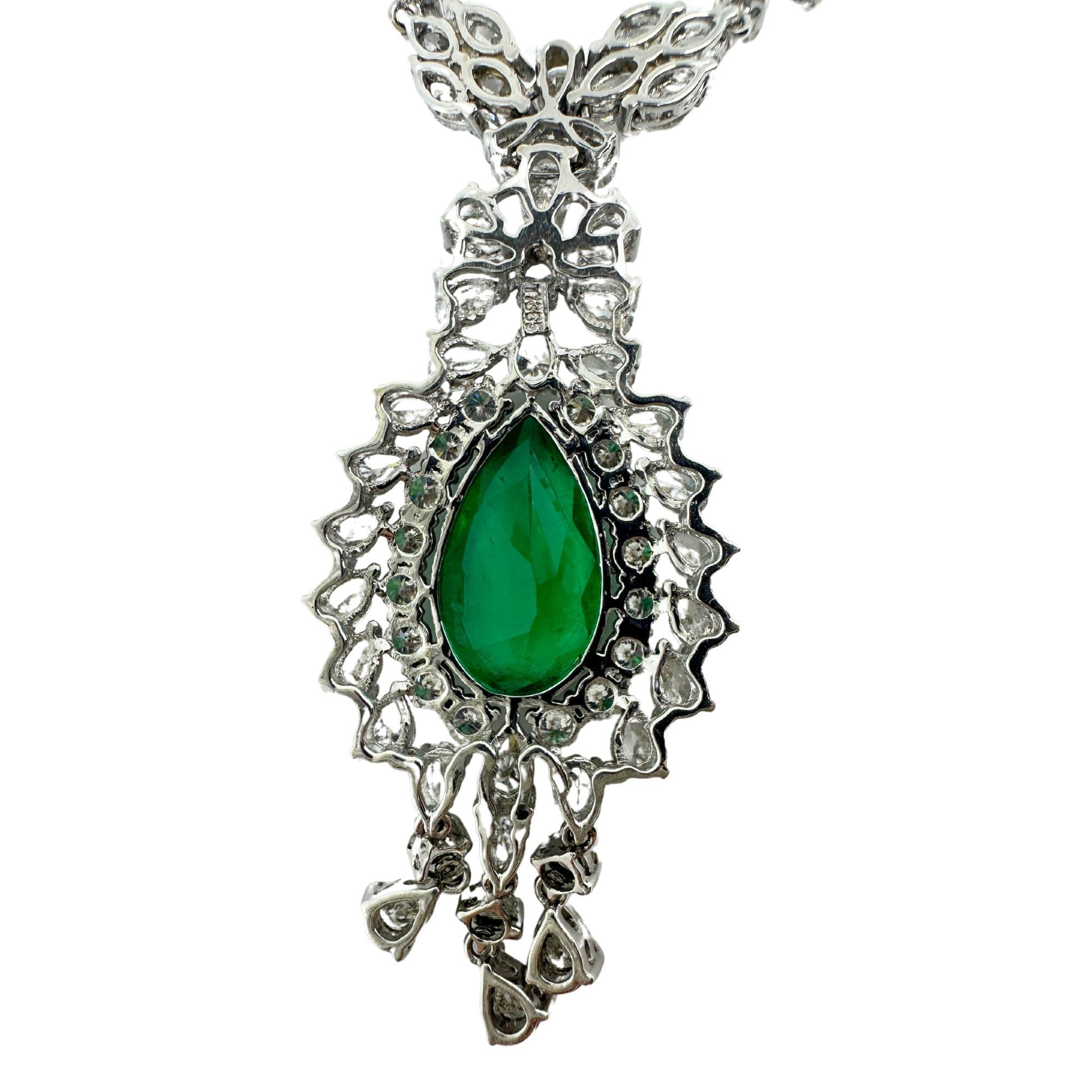 18K White Gold Marquise and Pearl Cut Diamond and Pear Cut Emerald Drop Necklace For Sale 2
