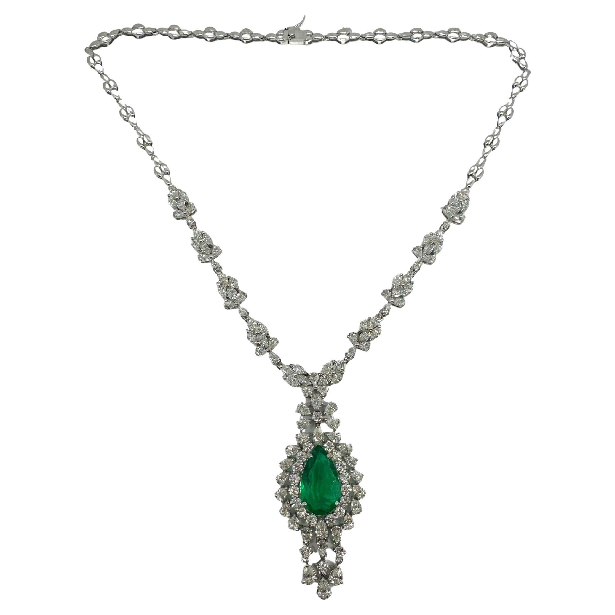 18K White Gold Marquise and Pearl Cut Diamond and Pear Cut Emerald Drop Necklace