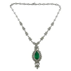 18K White Gold Marquise and Pearl Cut Diamond and Pear Cut Emerald Drop Necklace