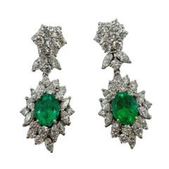 18K White Gold Marquise Cut Diamond and Emerald Drop Earrings