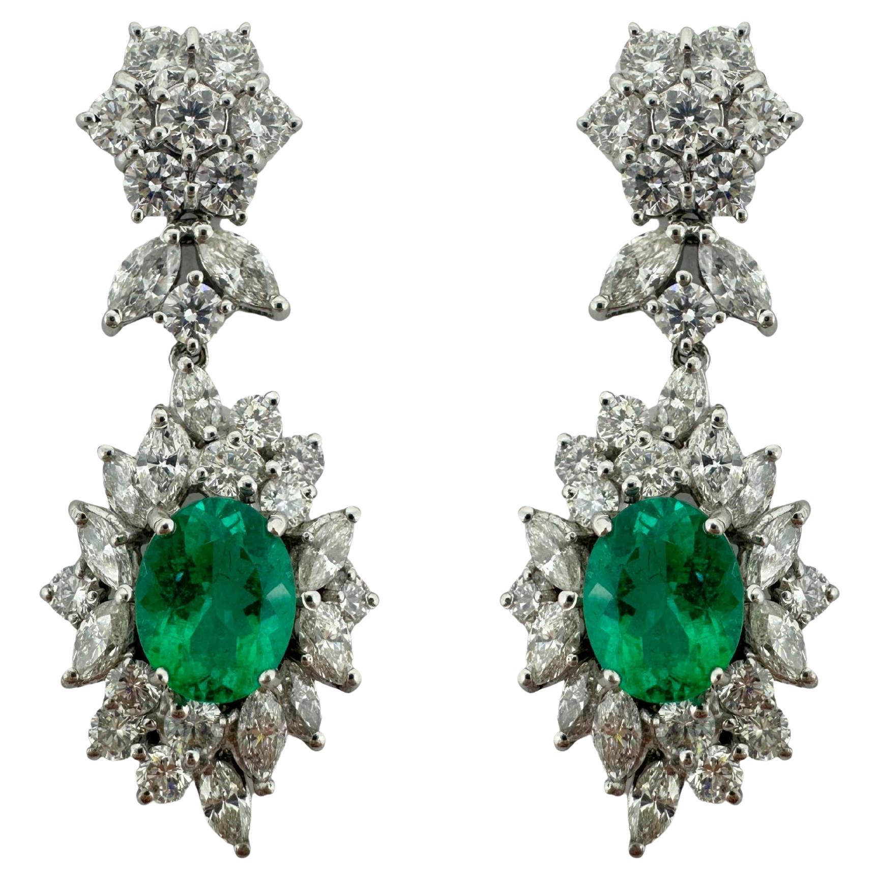 18K White Gold Marquise Cut Diamond and Emerald Drop Earrings