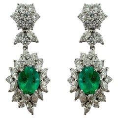 18K White Gold Marquise Cut Diamond and Emerald Drop Earrings