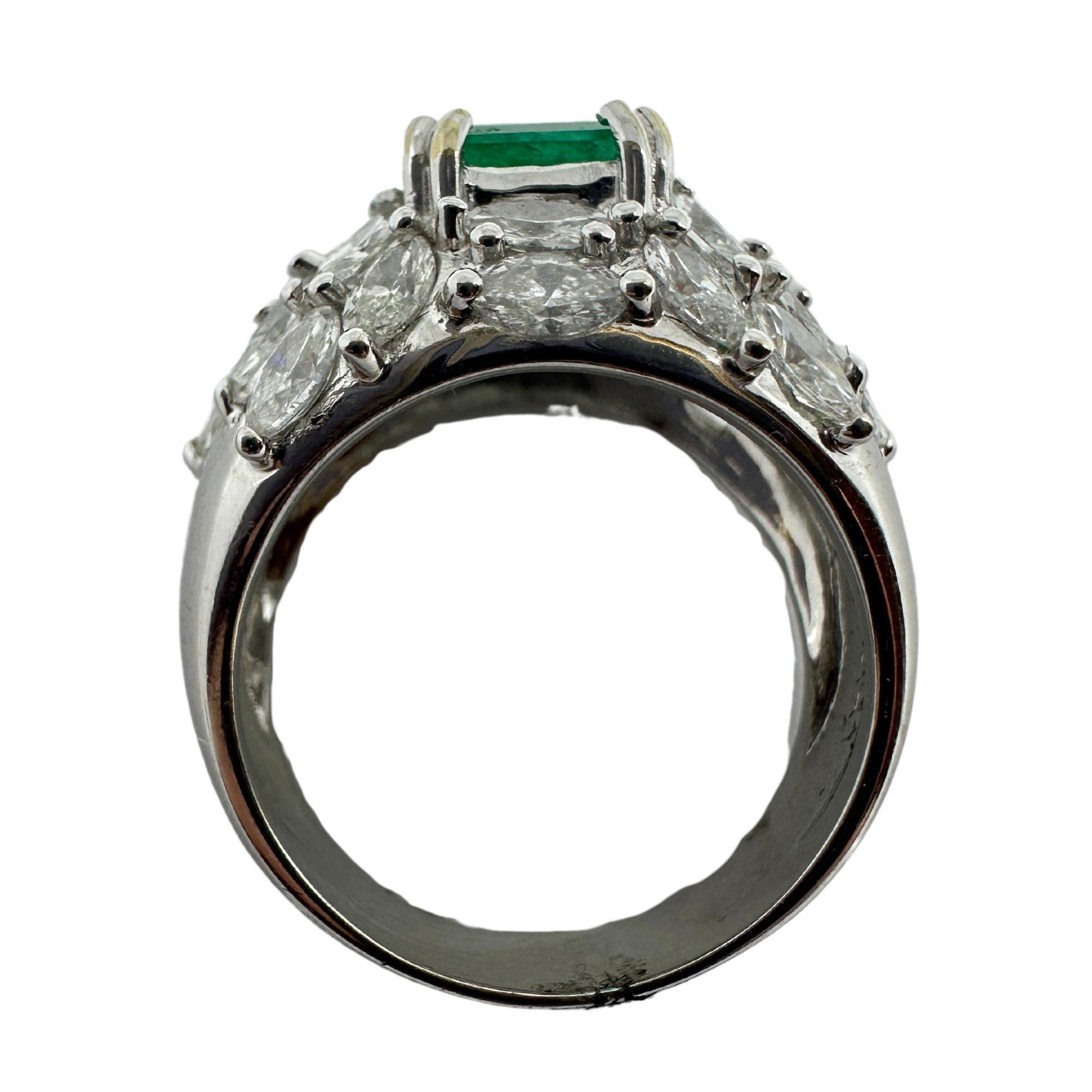 Women's 18k White Gold Marquise Cut Diamond and Emerald Ring For Sale