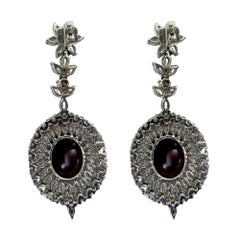 18k White Gold Marquise Cut Diamond and Mozambique Oval Natural Ruby Earrings