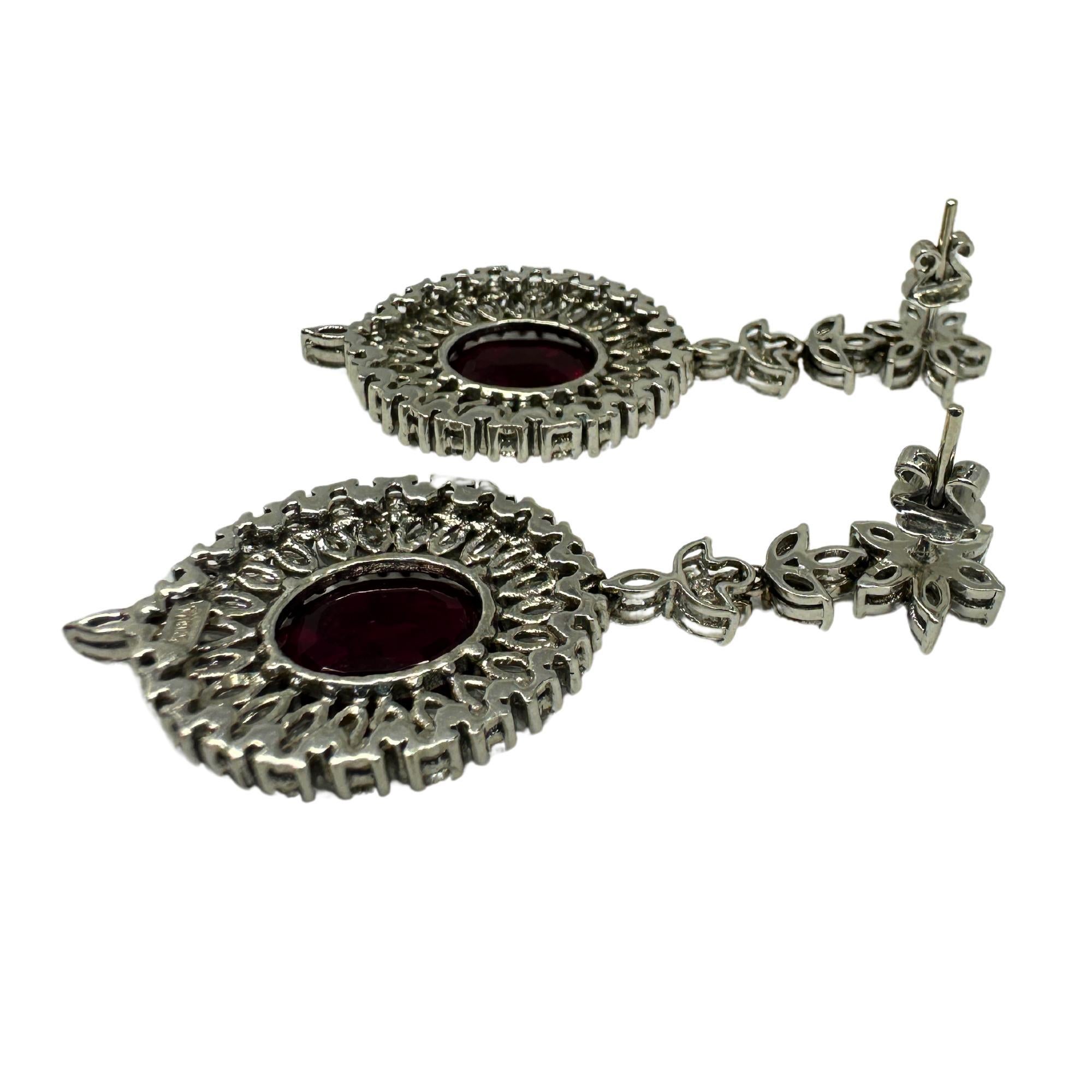 Mixed Cut 18k White Gold Marquise Cut Diamond and Mozambique Oval Natural Ruby Earrings For Sale