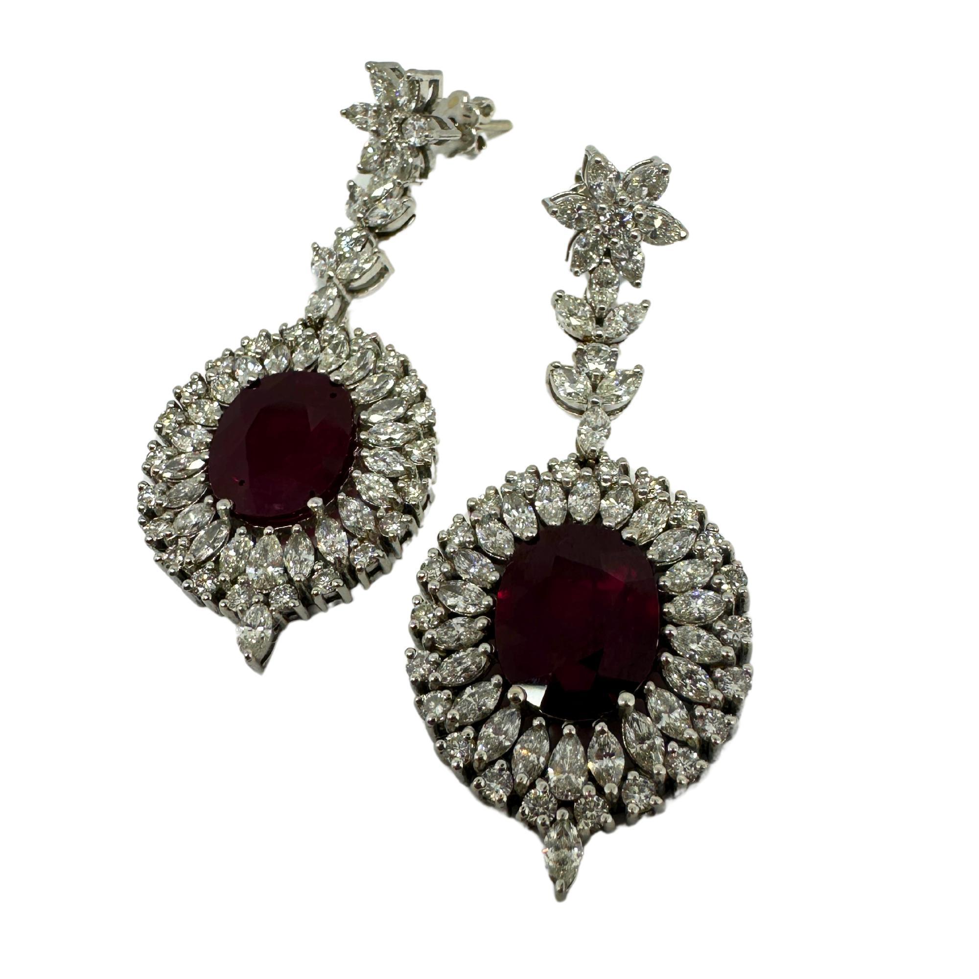 18k White Gold Marquise Cut Diamond and Mozambique Oval Natural Ruby Earrings In Good Condition For Sale In New York, NY