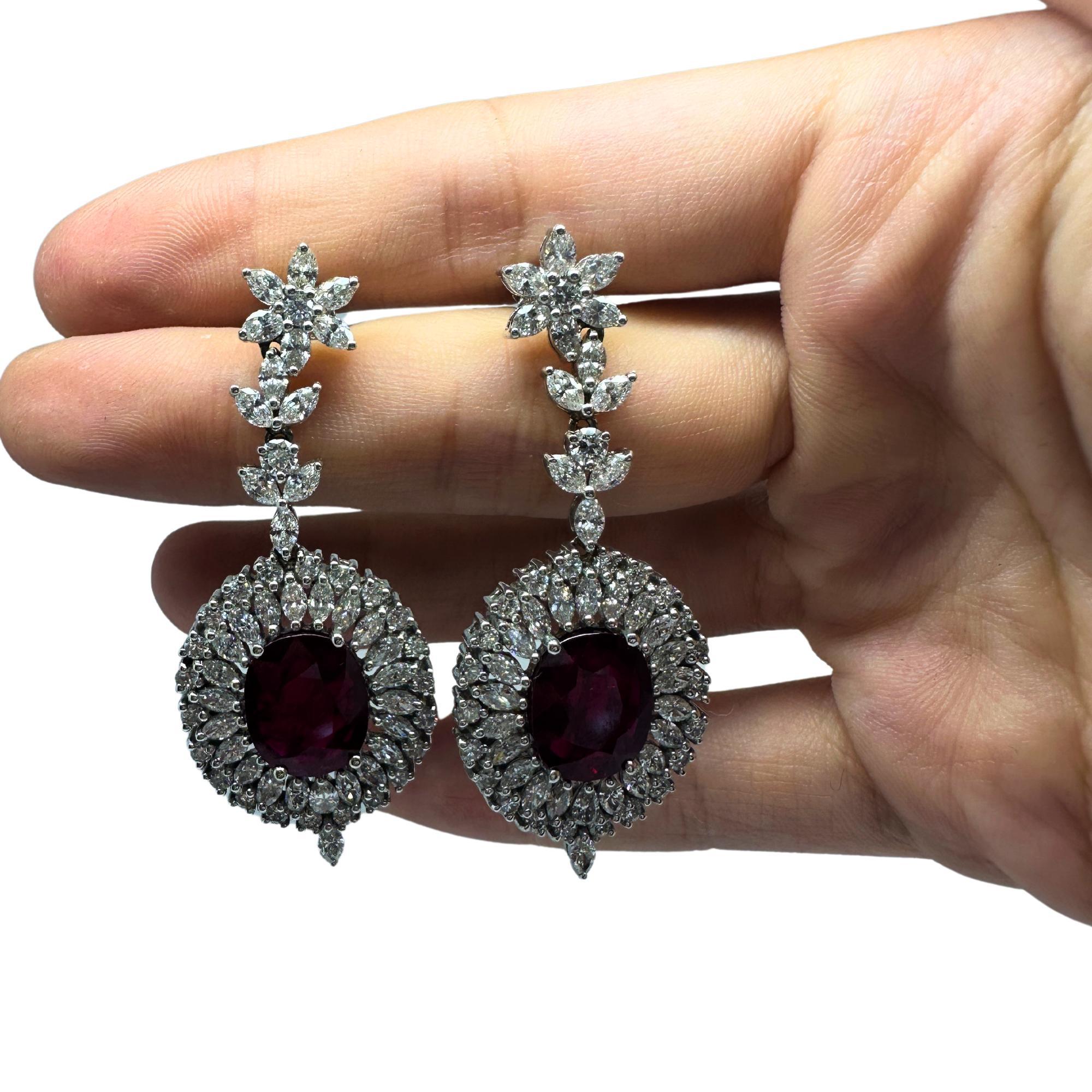 Women's or Men's 18k White Gold Marquise Cut Diamond and Mozambique Oval Natural Ruby Earrings For Sale