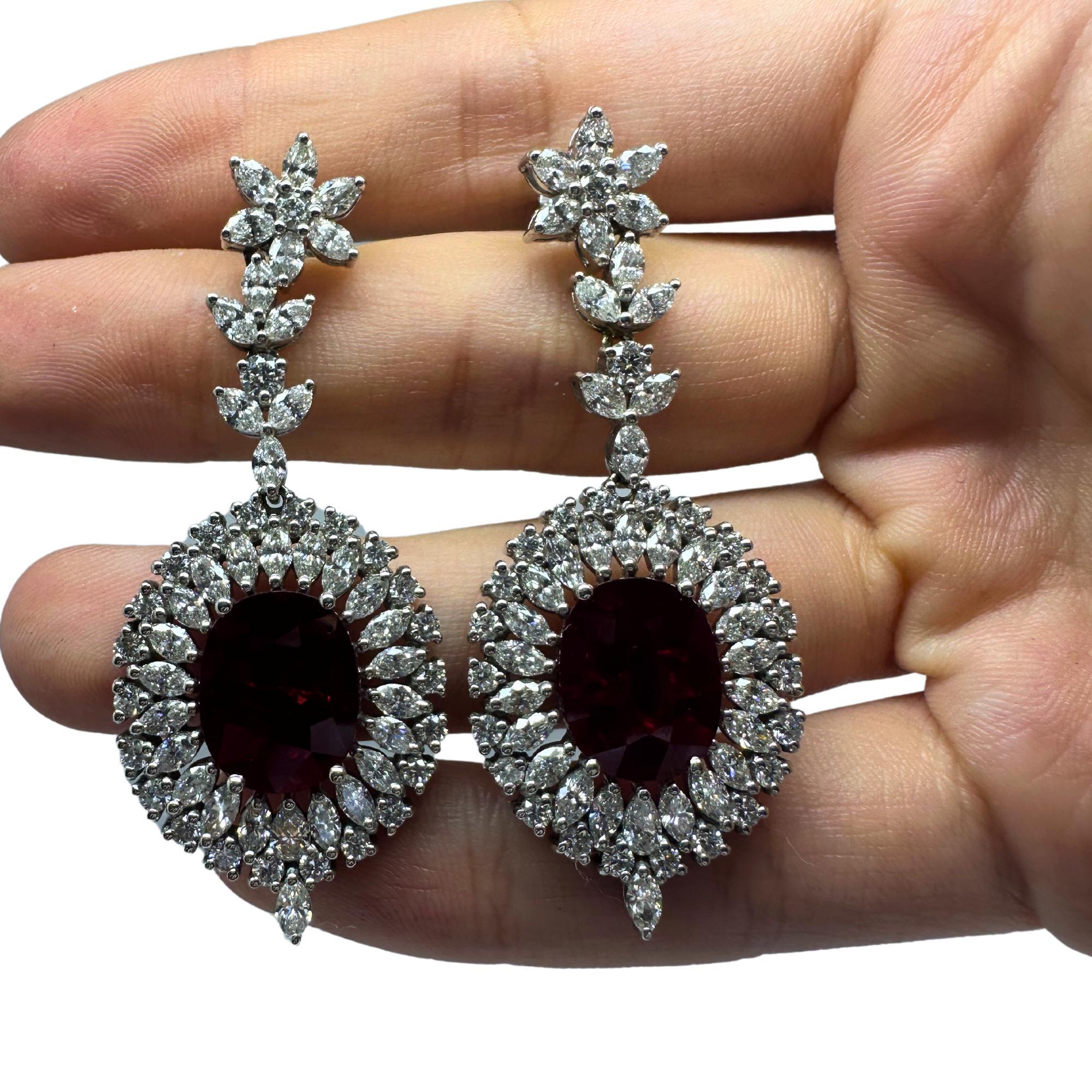 18k White Gold Marquise Cut Diamond and Mozambique Oval Natural Ruby Earrings For Sale 1