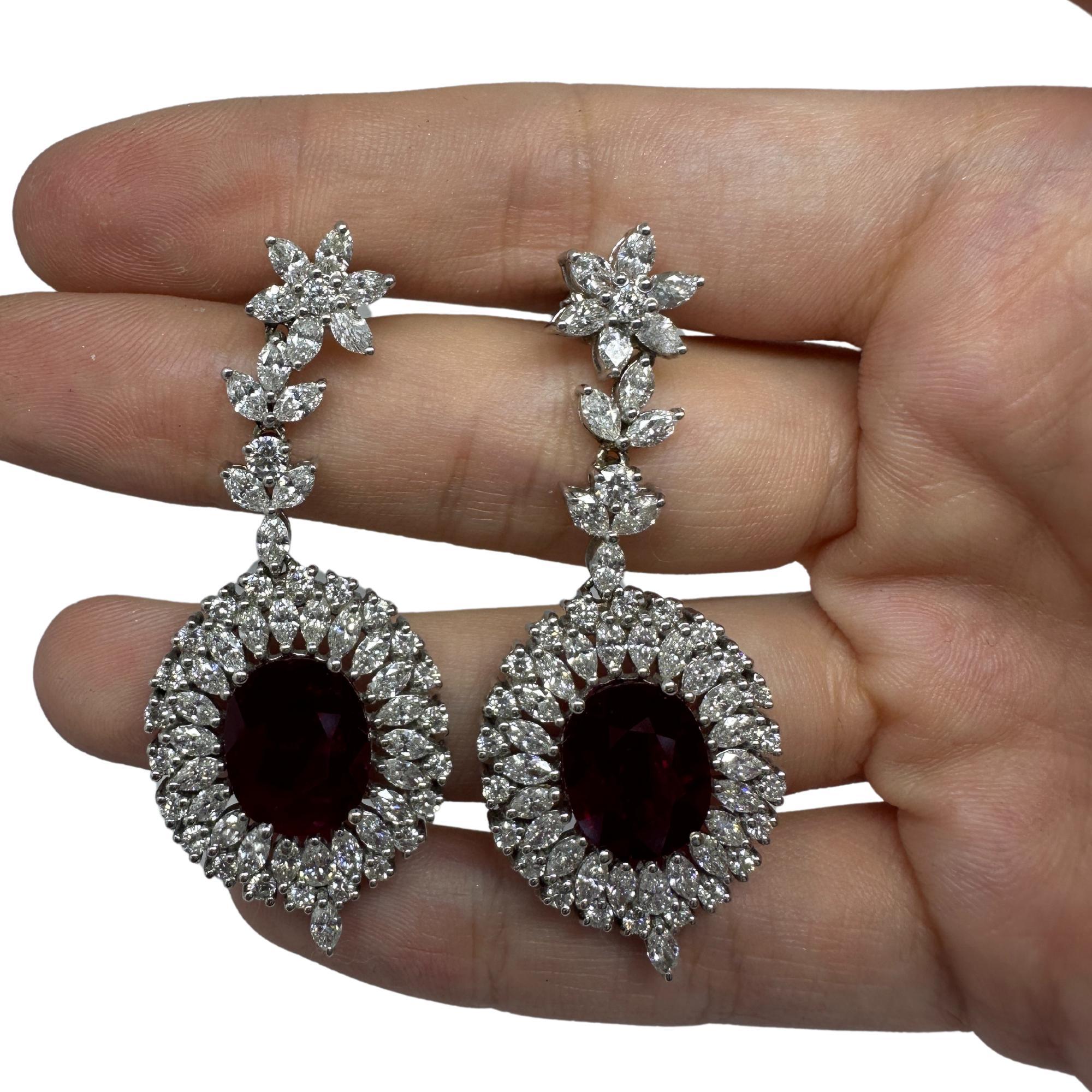 18k White Gold Marquise Cut Diamond and Mozambique Oval Natural Ruby Earrings For Sale 2