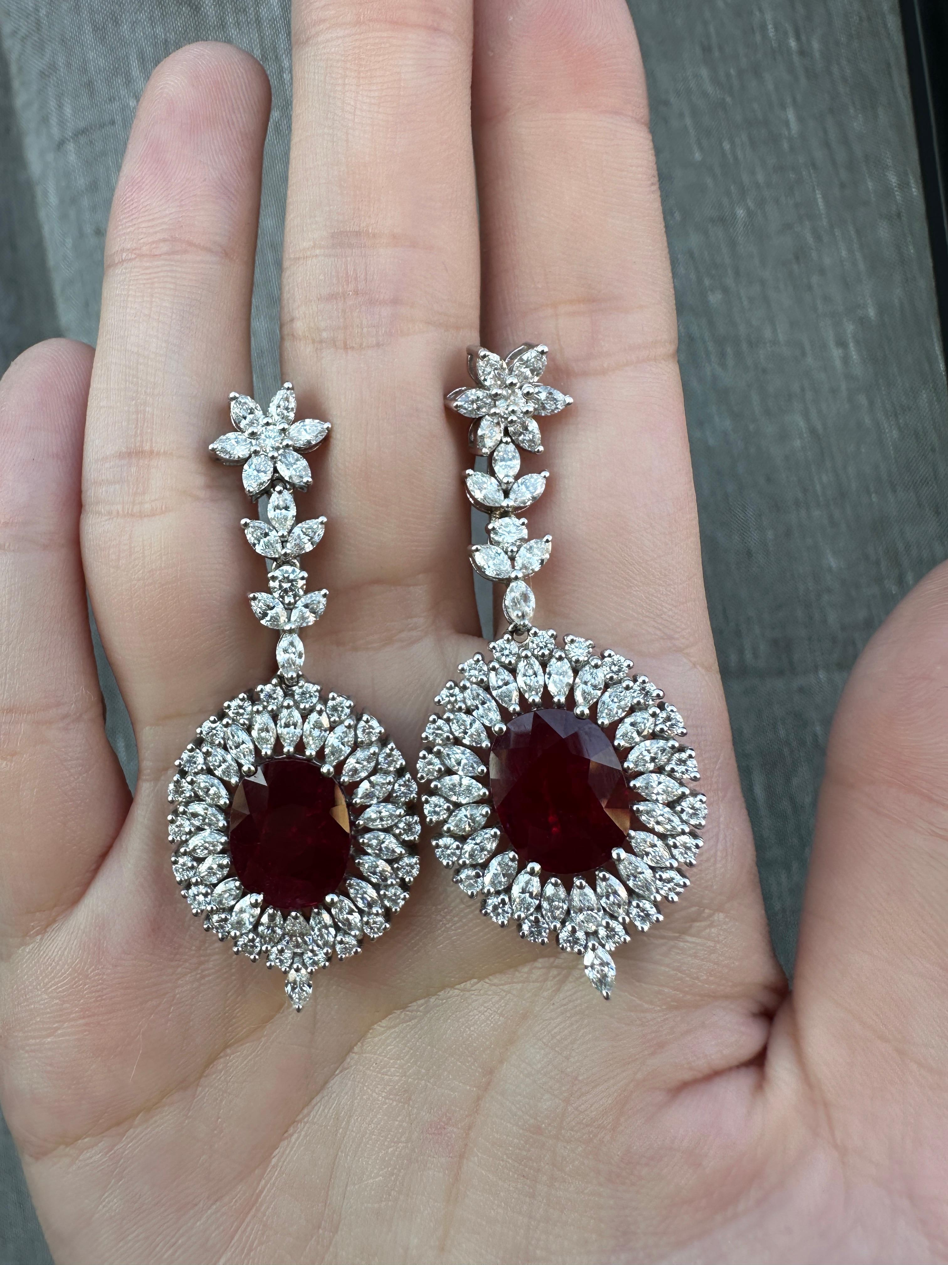 18k White Gold Marquise Cut Diamond and Mozambique Oval Natural Ruby Earrings For Sale 3