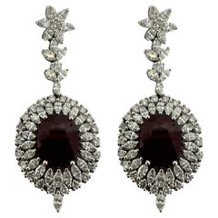18k White Gold Marquise Cut Diamond and Mozambique Oval Natural Ruby Earrings