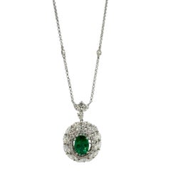 18K White Gold Marquise Cut Diamond and Oval Emerald Necklace