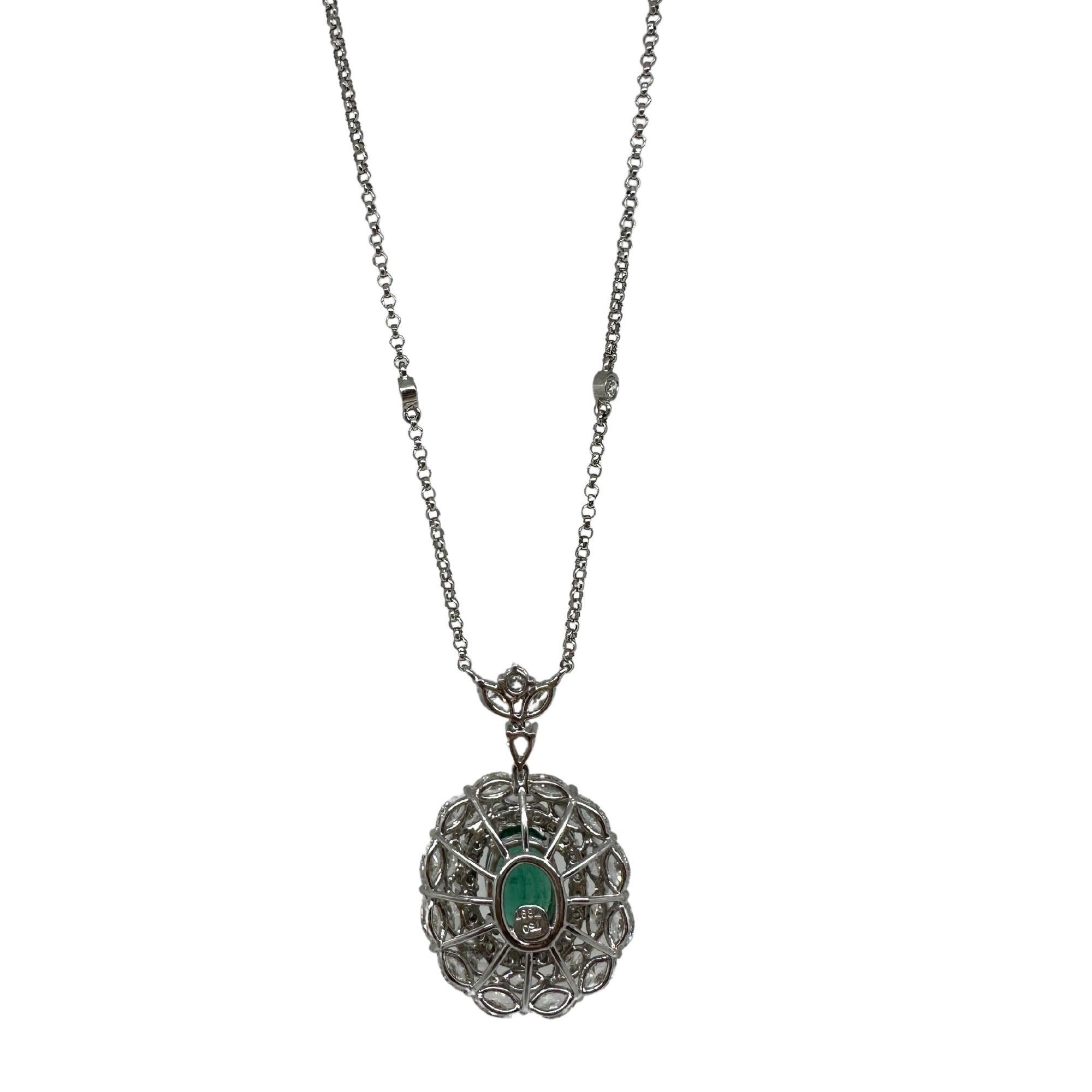 Women's 18K White Gold Marquise Cut Diamond and Oval Emerald Necklace For Sale