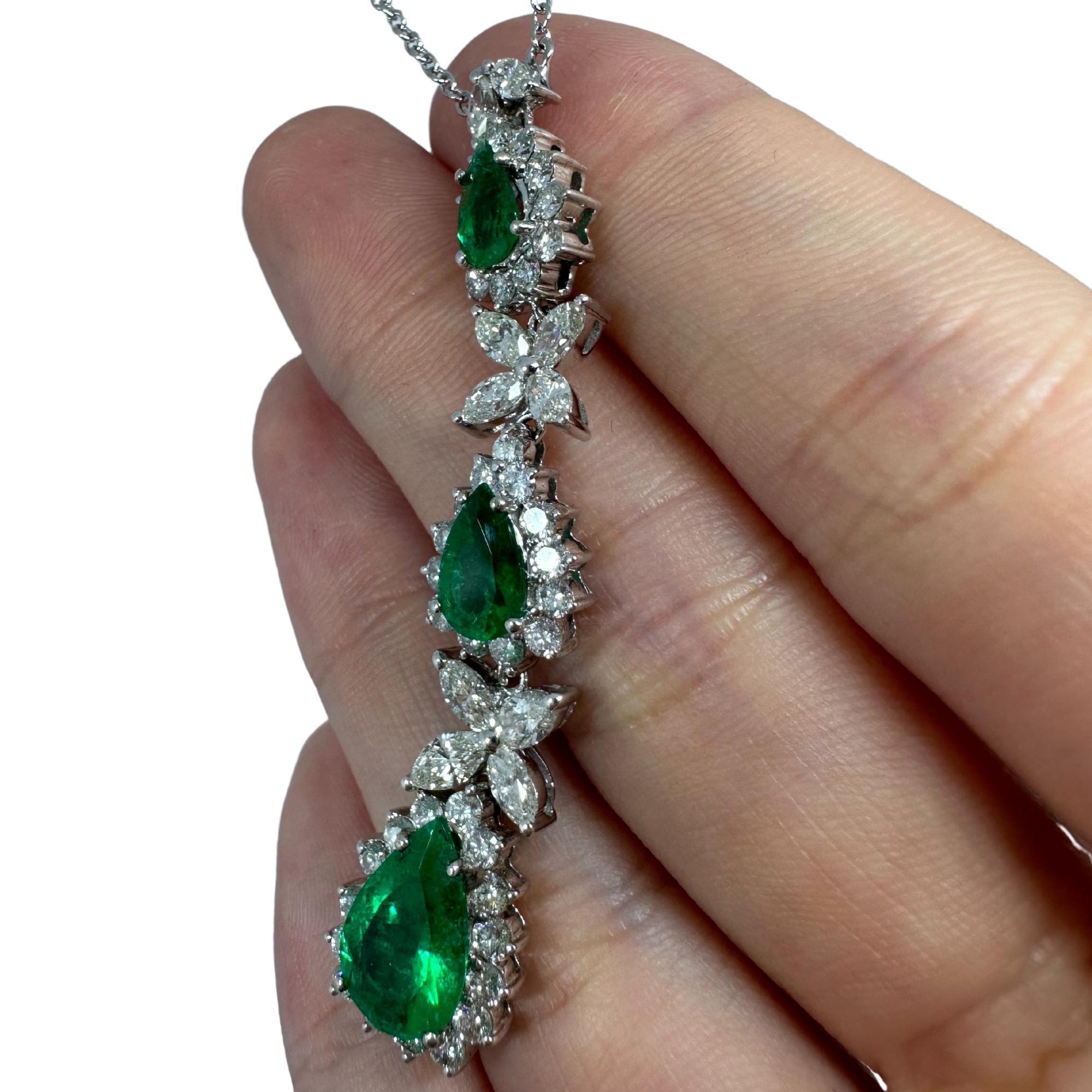 18K White Gold Marquise Cut Diamond and Pear Cut Emerald Necklace 6