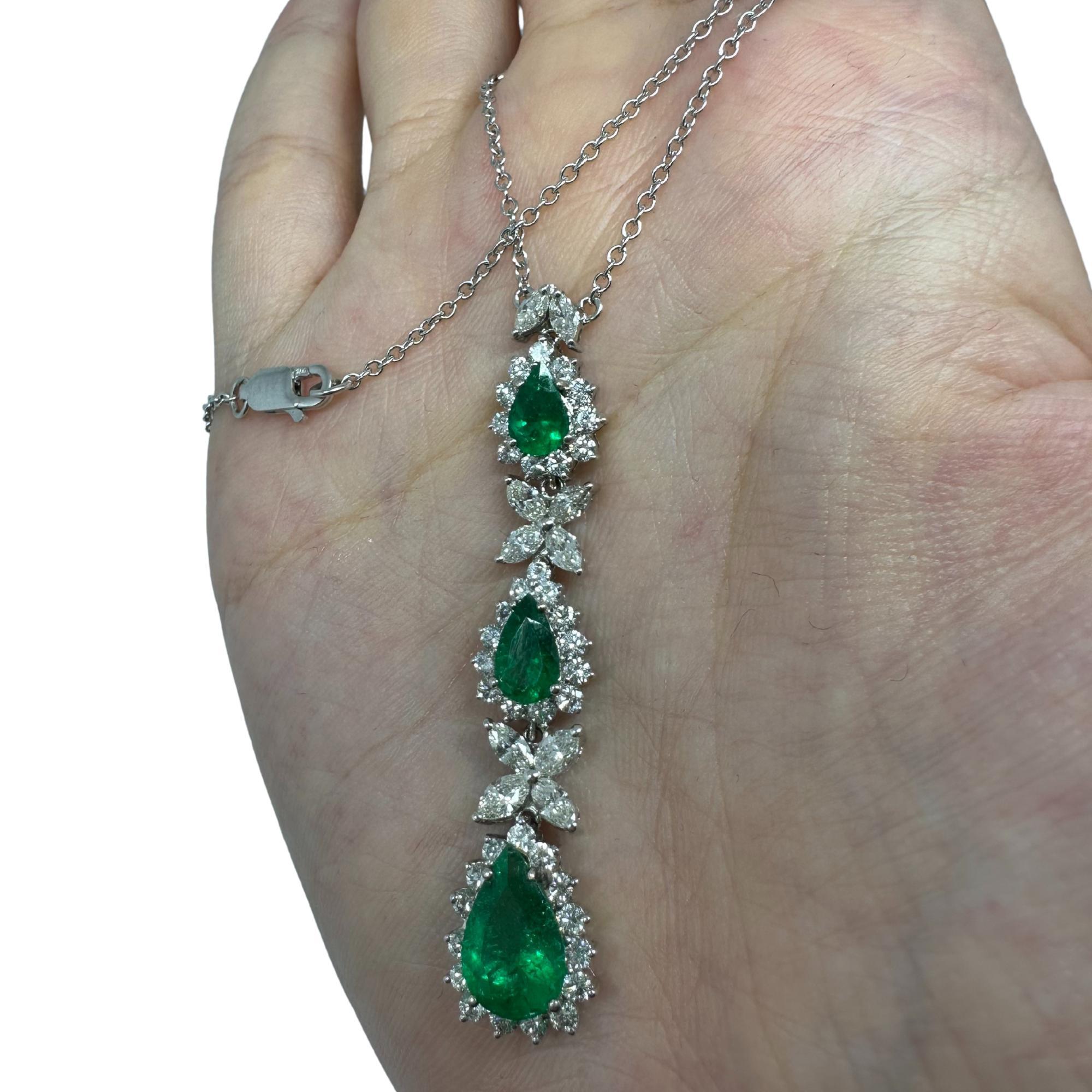 18K White Gold Marquise Cut Diamond and Pear Cut Emerald Necklace 8
