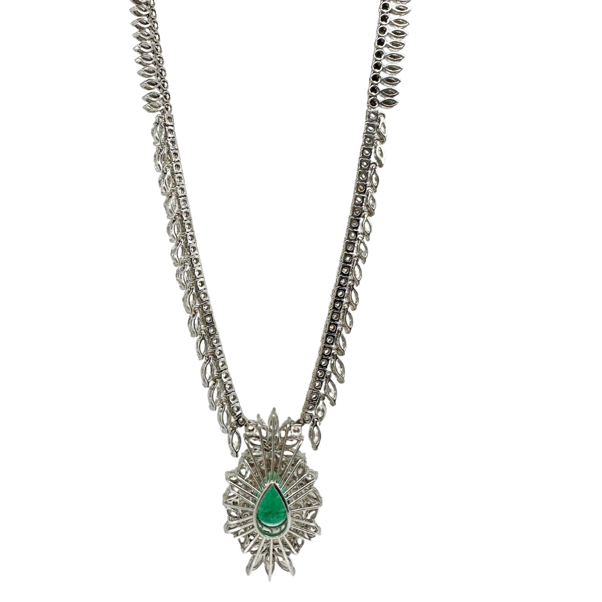 18K White Gold Marquise Cut Diamond and Pear Cut Emerald Necklace
Condition: In good condition with some minor surface wear consistent with age.
Length: 16 inch chain, 1.50 inches pendant
Markings: “T1365
Metal: 18k White Gold
Weight: 43.0