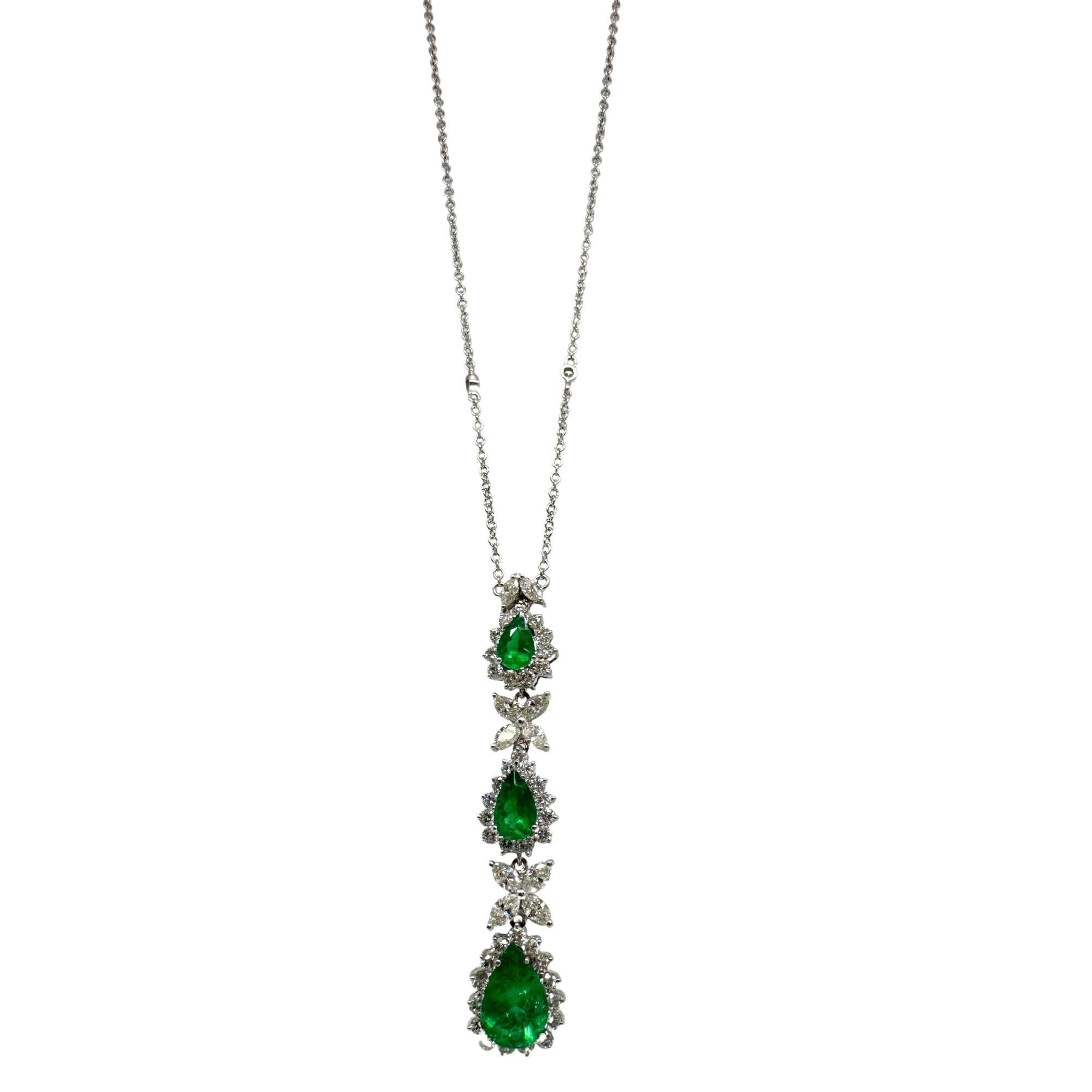 Women's 18K White Gold Marquise Cut Diamond and Pear Cut Emerald Necklace