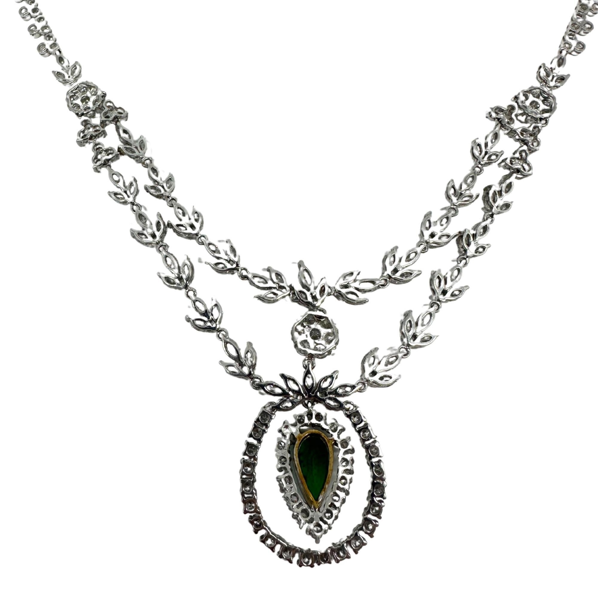 Women's 18K White Gold Marquise Cut Diamond and Pear Cut Emerald Necklace For Sale