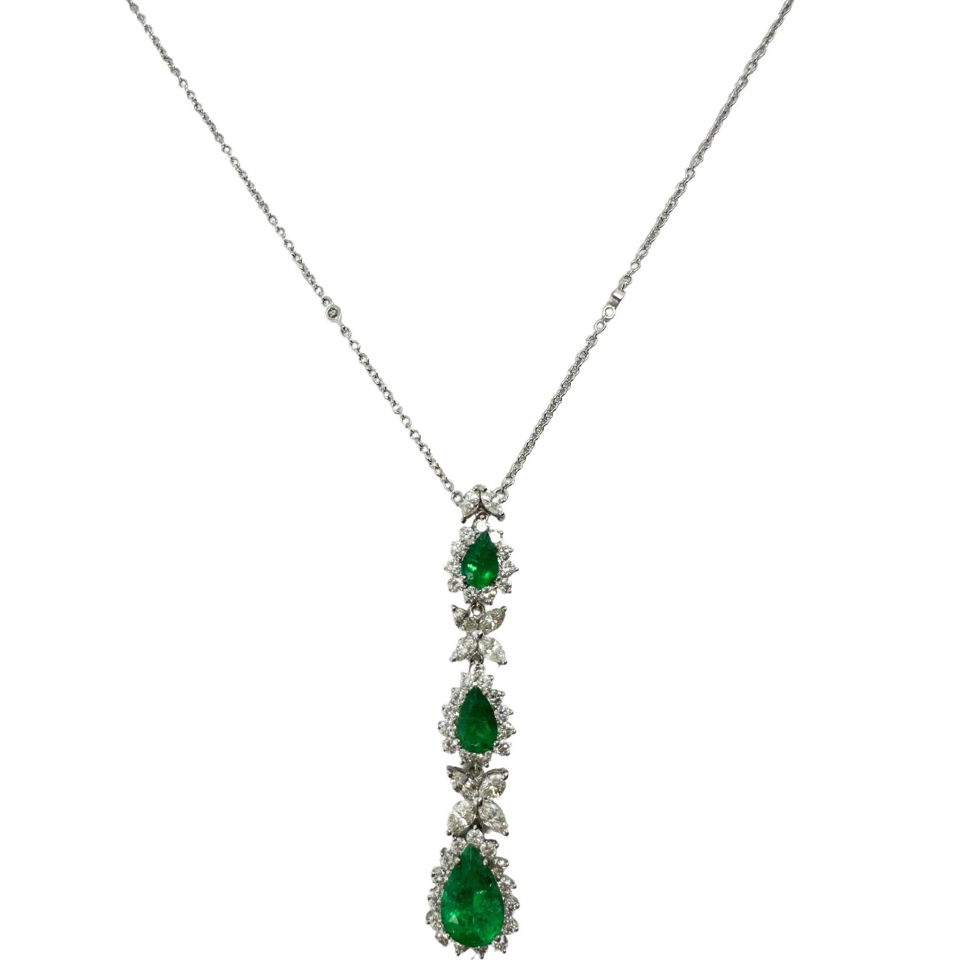 18K White Gold Marquise Cut Diamond and Pear Cut Emerald Necklace 1