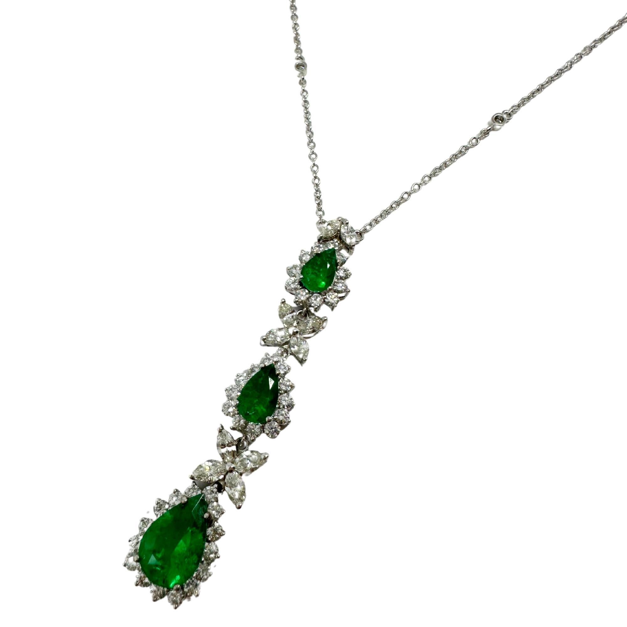 18K White Gold Marquise Cut Diamond and Pear Cut Emerald Necklace 2