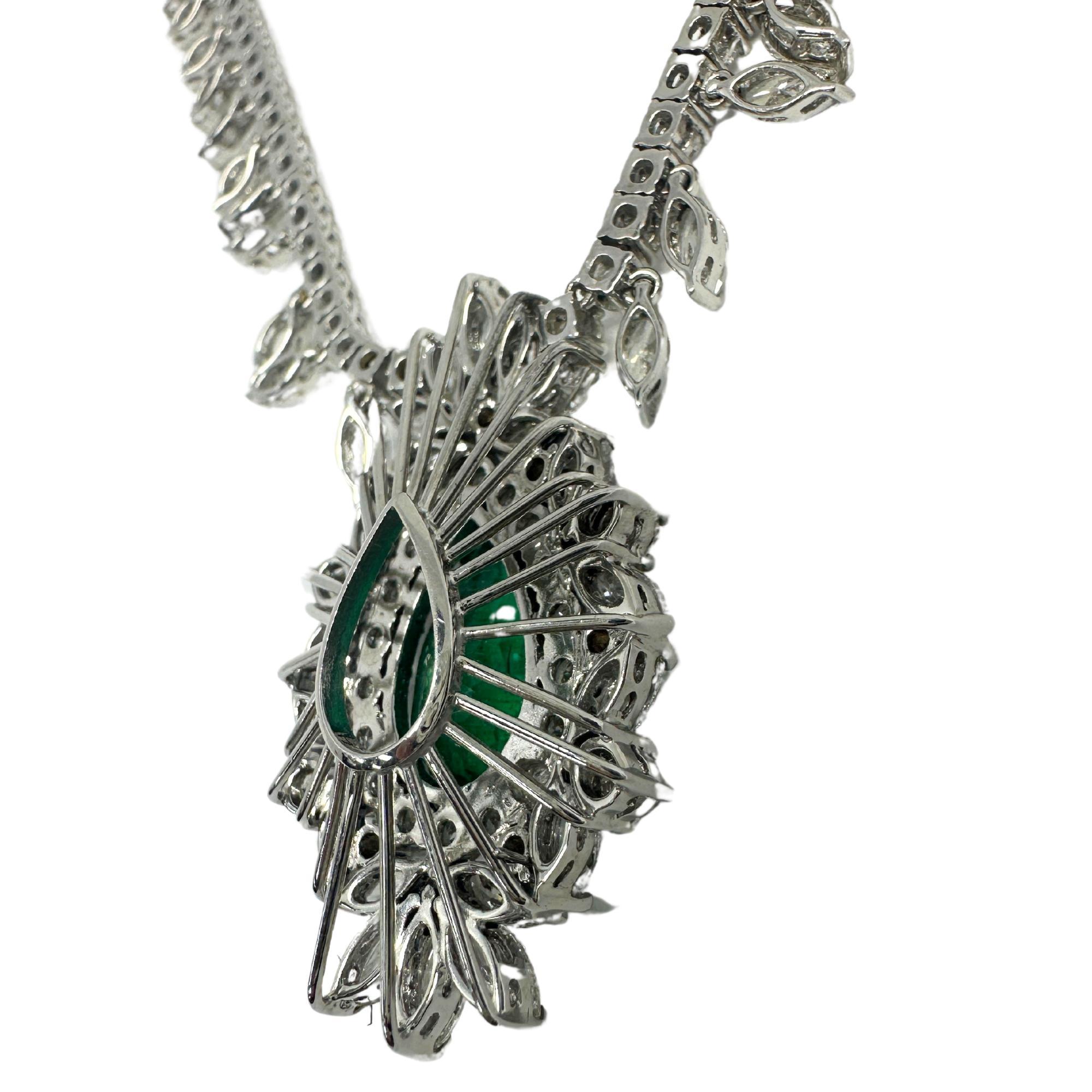 18K White Gold Marquise Cut Diamond and Pear Cut Emerald Necklace For Sale 2