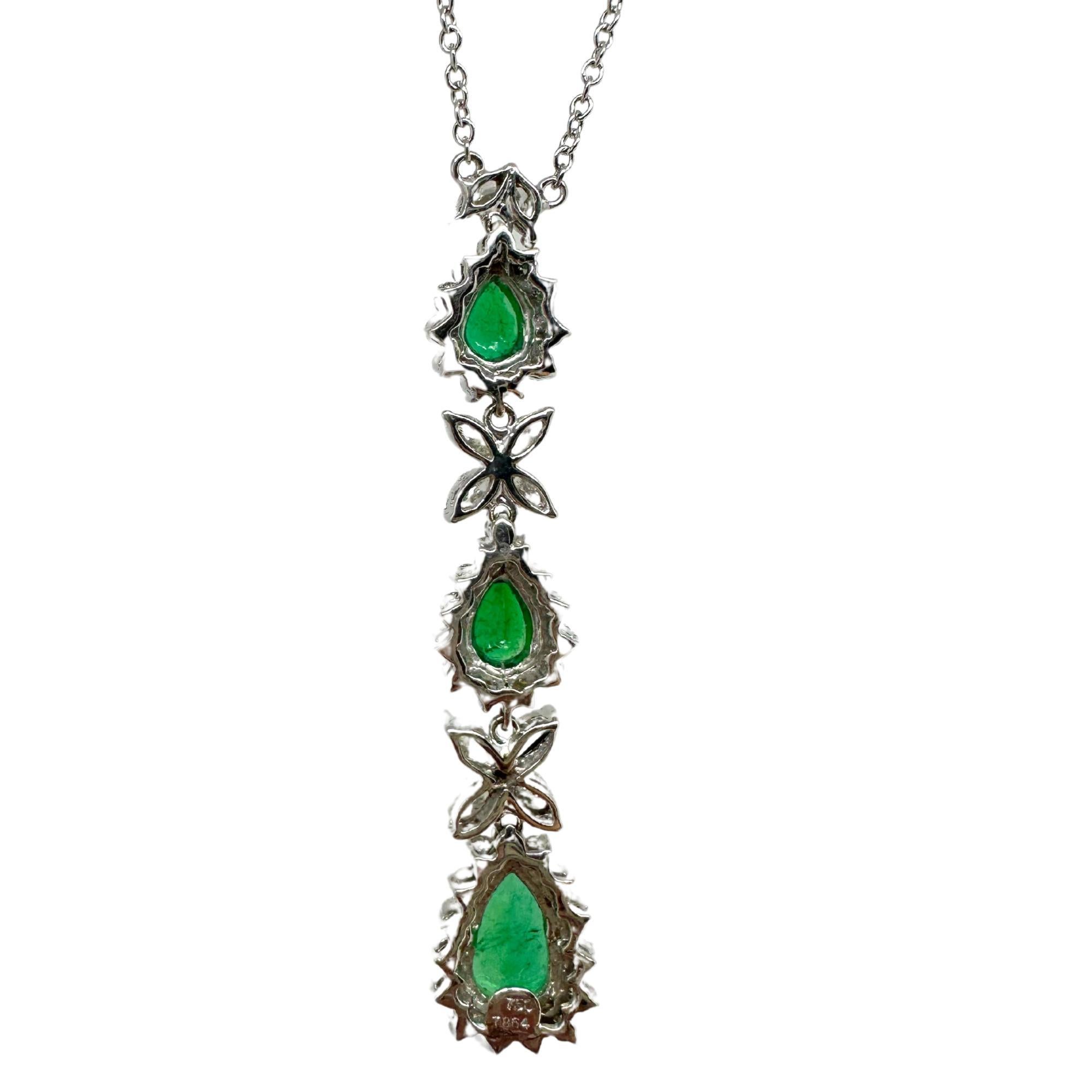 18K White Gold Marquise Cut Diamond and Pear Cut Emerald Necklace 3