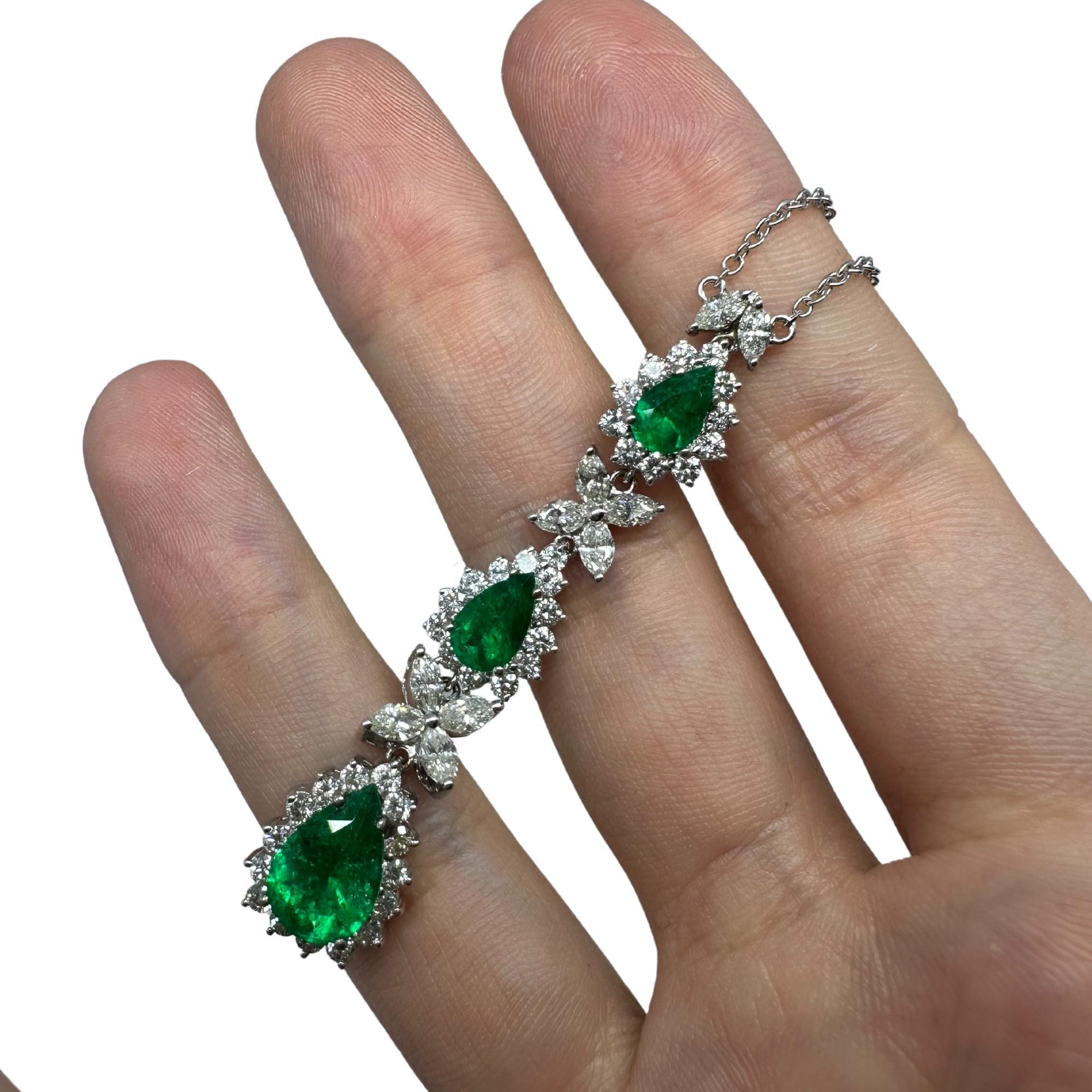 18K White Gold Marquise Cut Diamond and Pear Cut Emerald Necklace 5