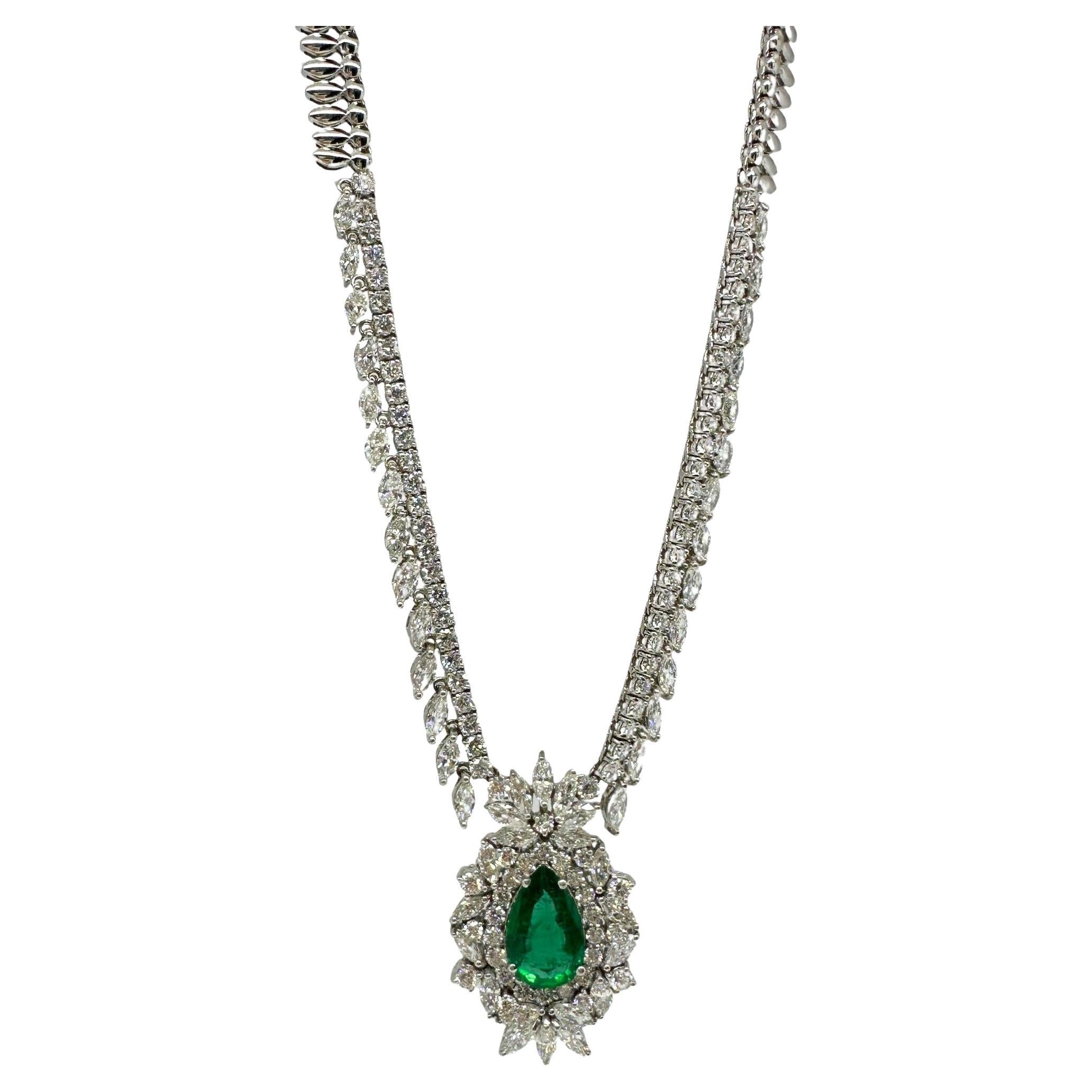 18K White Gold Marquise Cut Diamond and Pear Cut Emerald Necklace For Sale