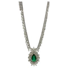 18K White Gold Marquise Cut Diamond and Pear Cut Emerald Necklace