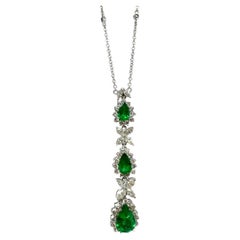 18K White Gold Marquise Cut Diamond and Pear Cut Emerald Necklace