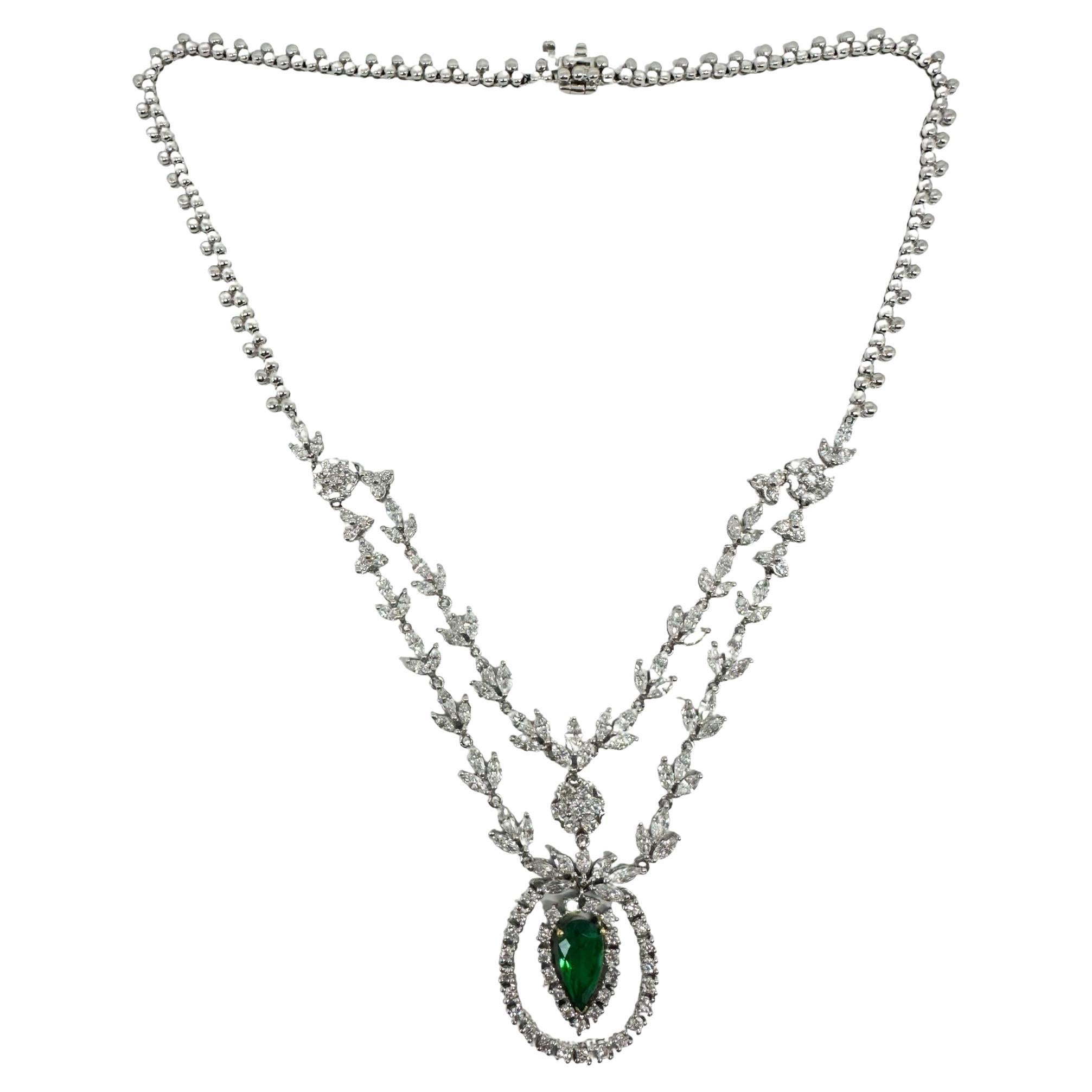 18K White Gold Marquise Cut Diamond and Pear Cut Emerald Necklace