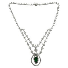 18K White Gold Marquise Cut Diamond and Pear Cut Emerald Necklace