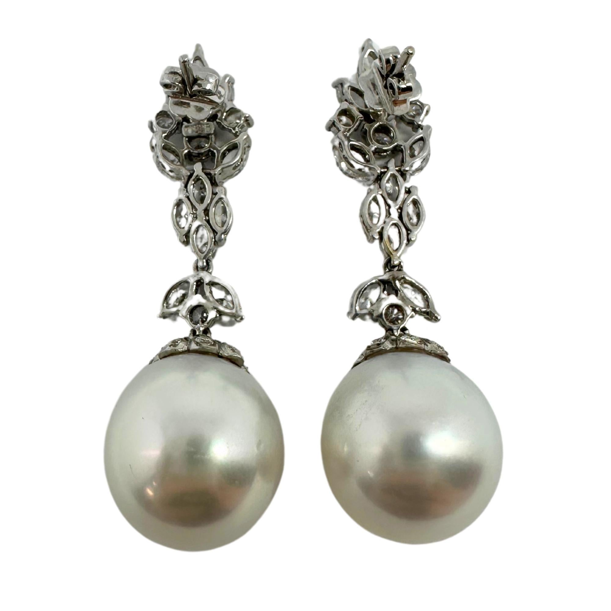 Women's 18K White Gold Marquise Cut Diamond and Pearl Drop Earrings For Sale