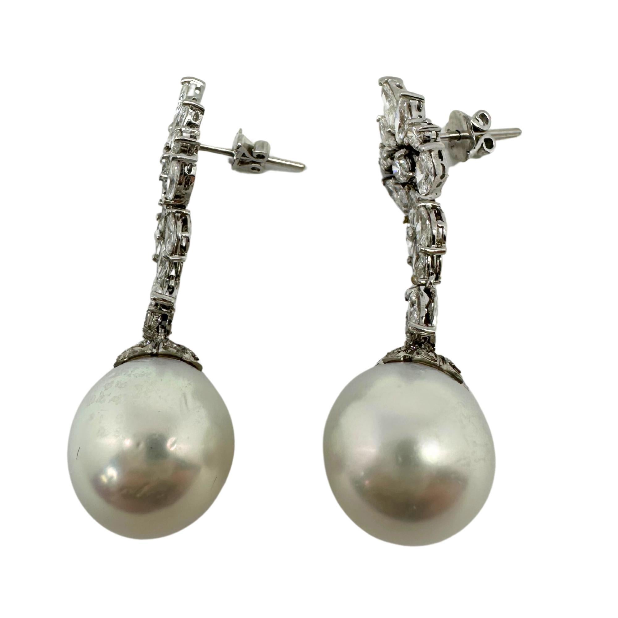 18K White Gold Marquise Cut Diamond and Pearl Drop Earrings For Sale 1