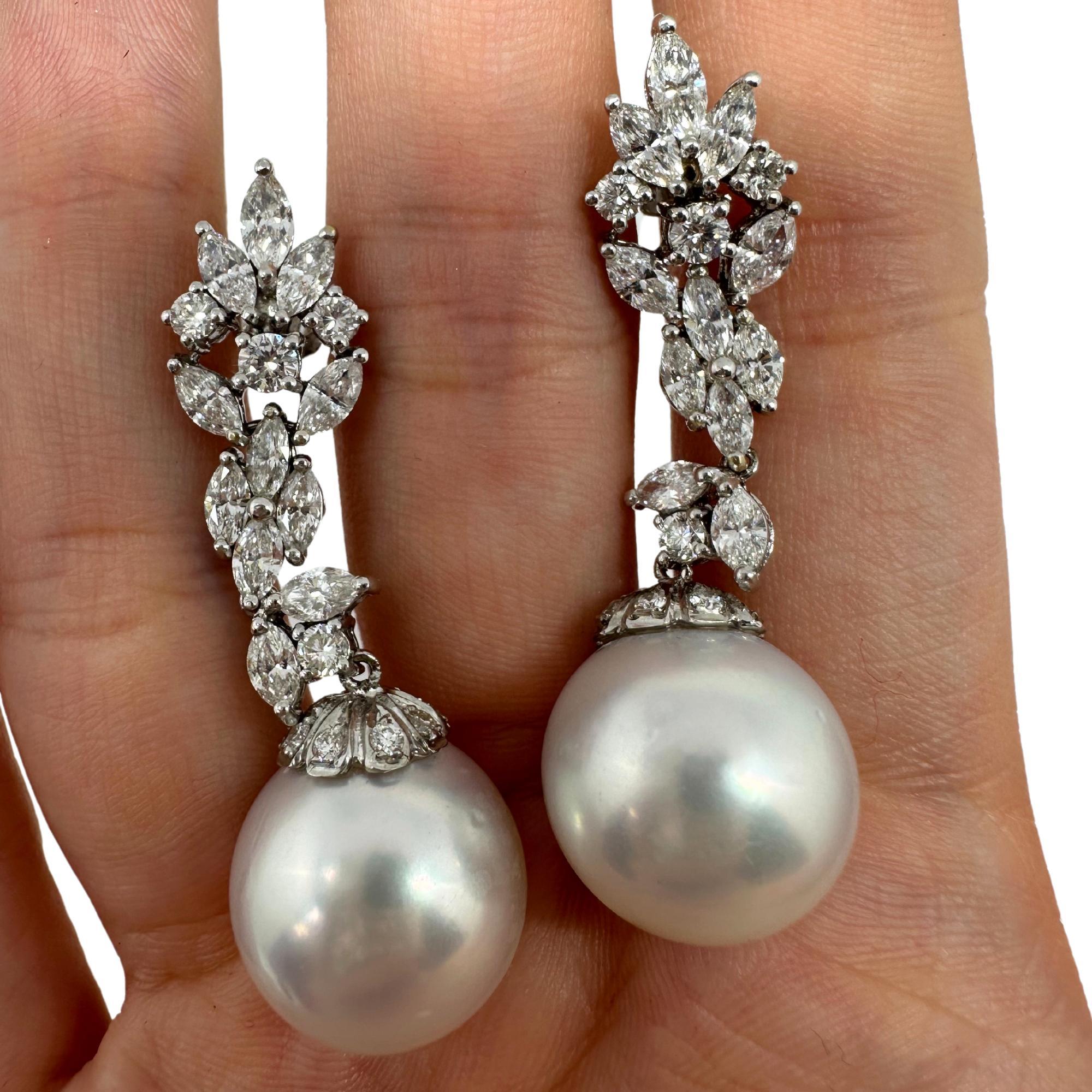 18K White Gold Marquise Cut Diamond and Pearl Drop Earrings For Sale 2
