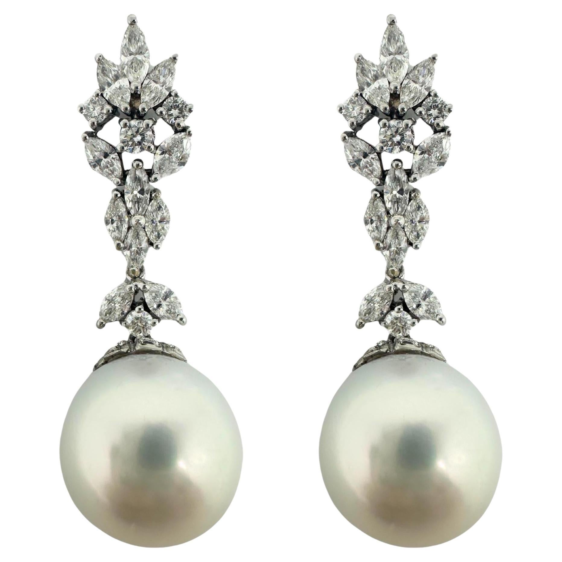 18K White Gold Marquise Cut Diamond and Pearl Drop Earrings