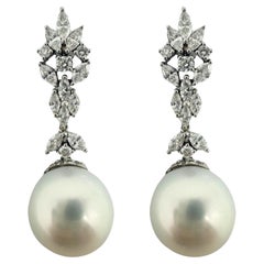 18K White Gold Marquise Cut Diamond and Pearl Drop Earrings