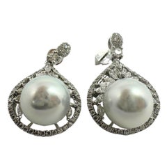 18K White Gold Marquise Cut Diamond and Pearl Earrings