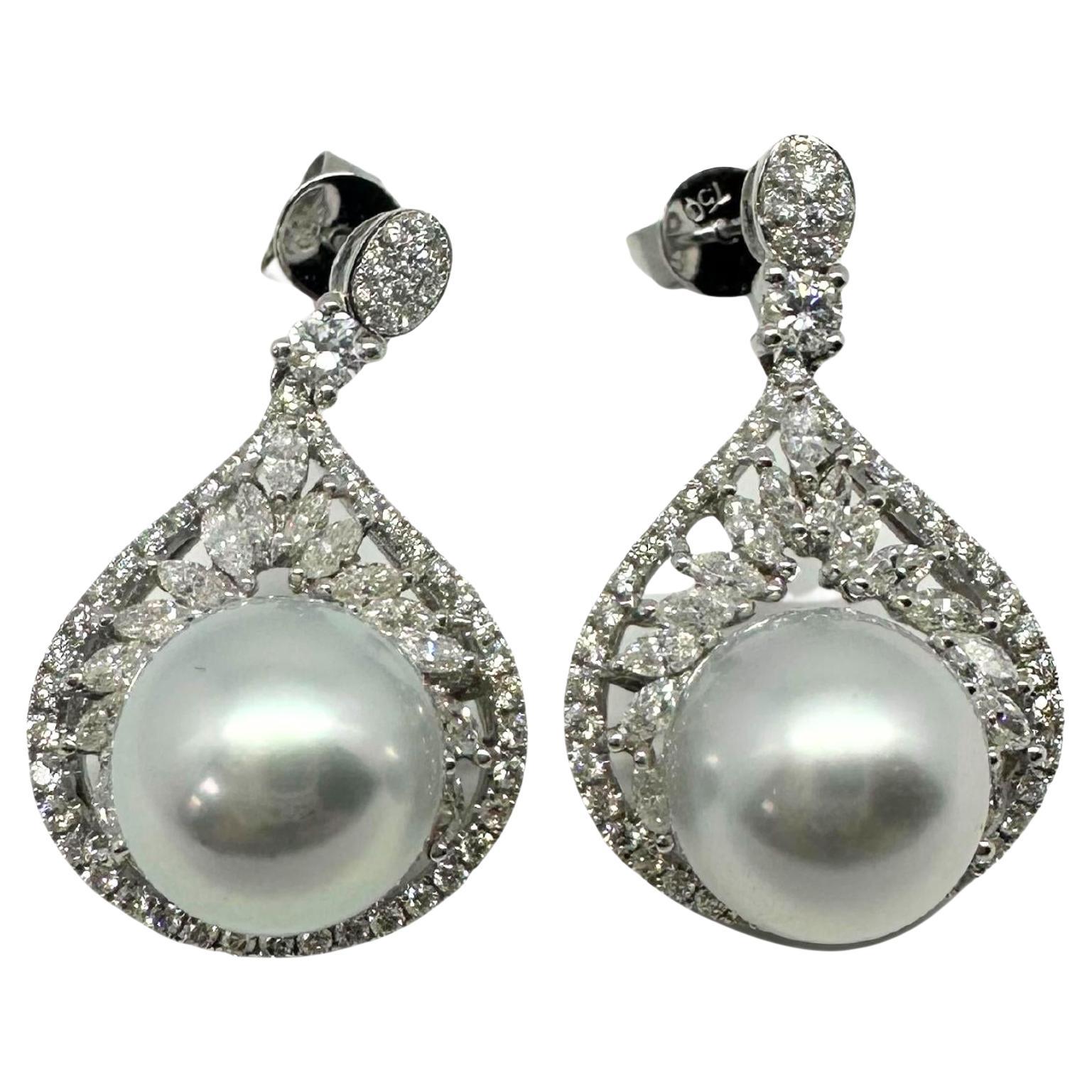 18K White Gold Marquise Cut Diamond and Pearl Earrings