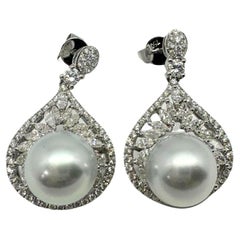 18K White Gold Marquise Cut Diamond and Pearl Earrings