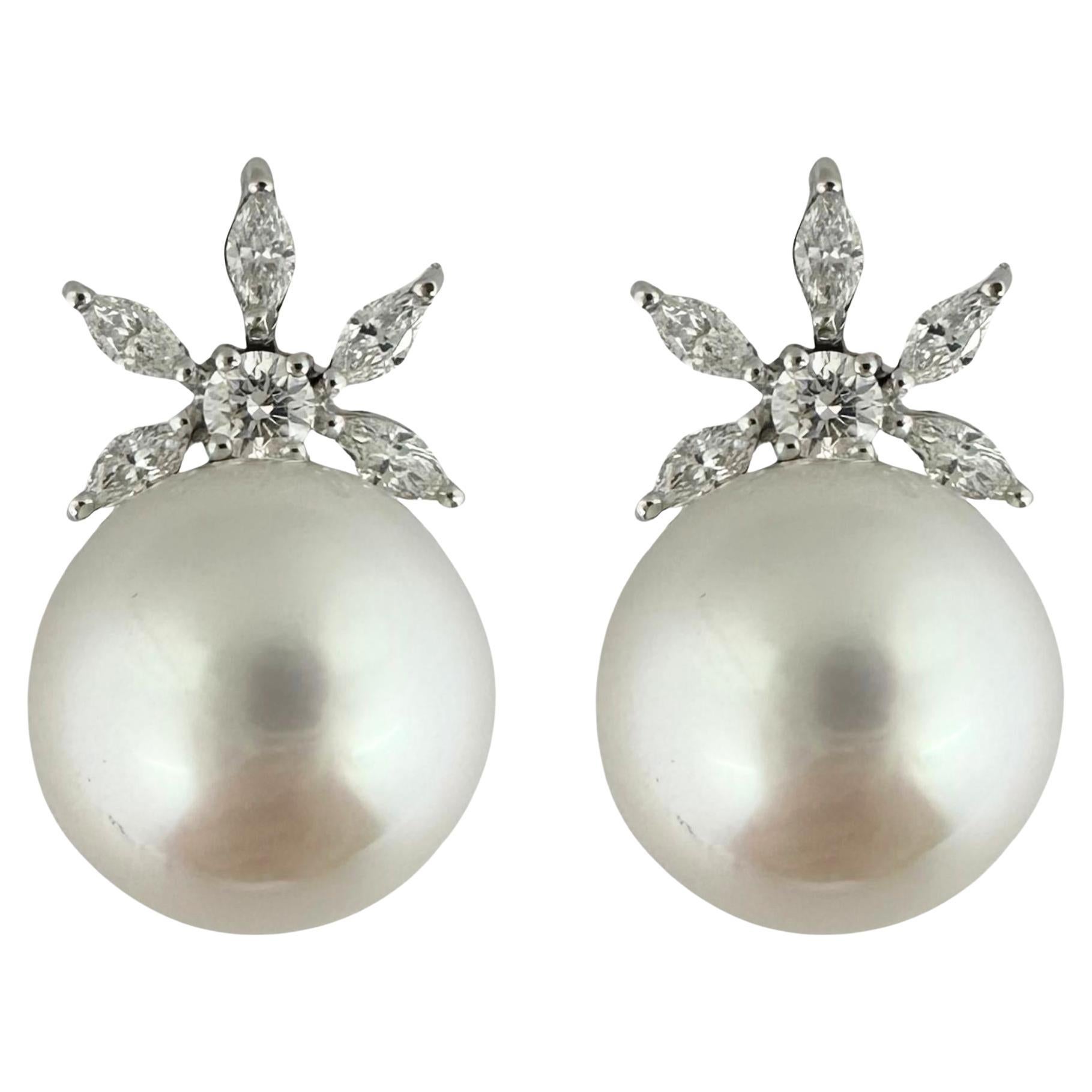 18K White Gold Marquise Cut Diamond and Pearl Earrings
