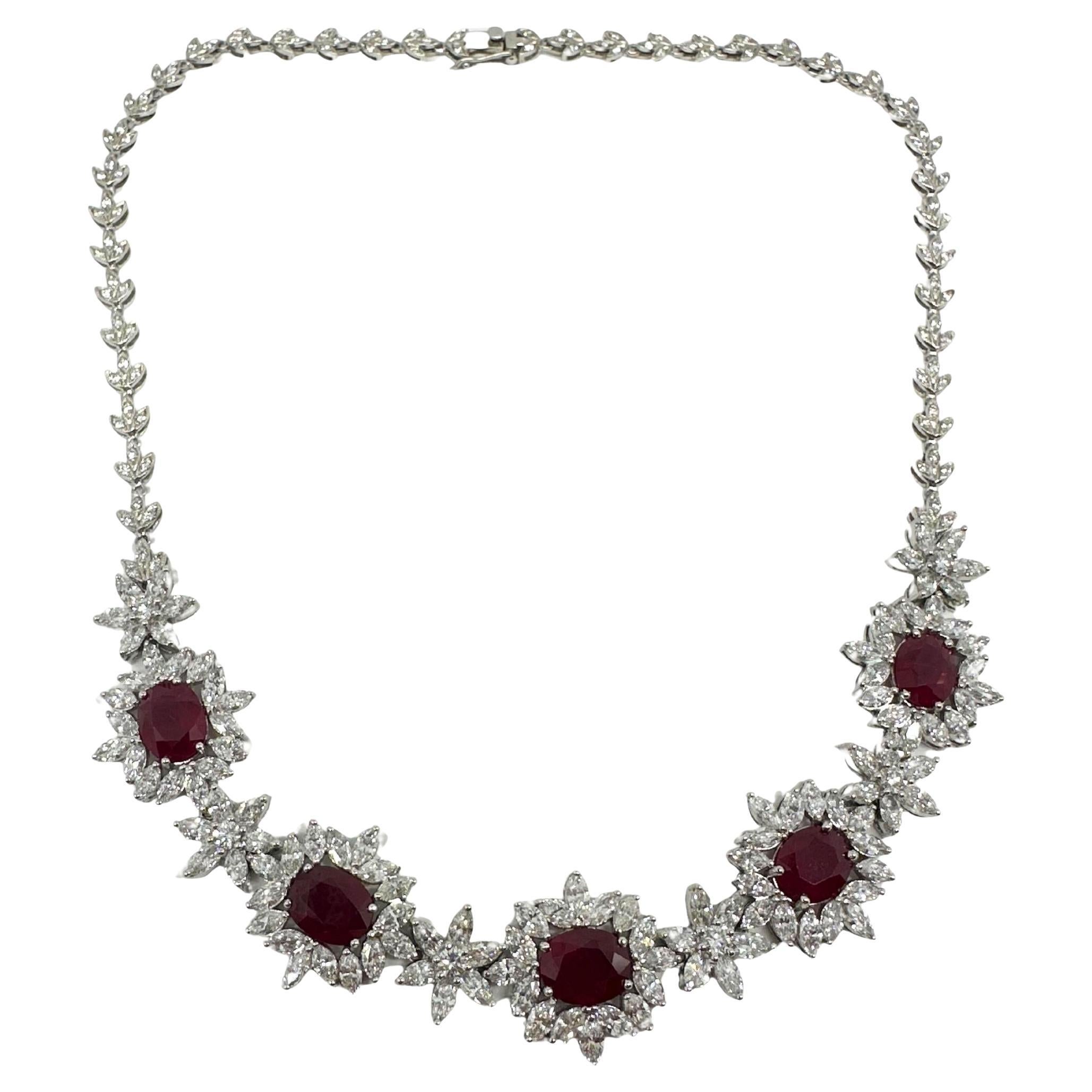 18K White Gold Marquise Cut Diamond and Ruby Choker Necklace