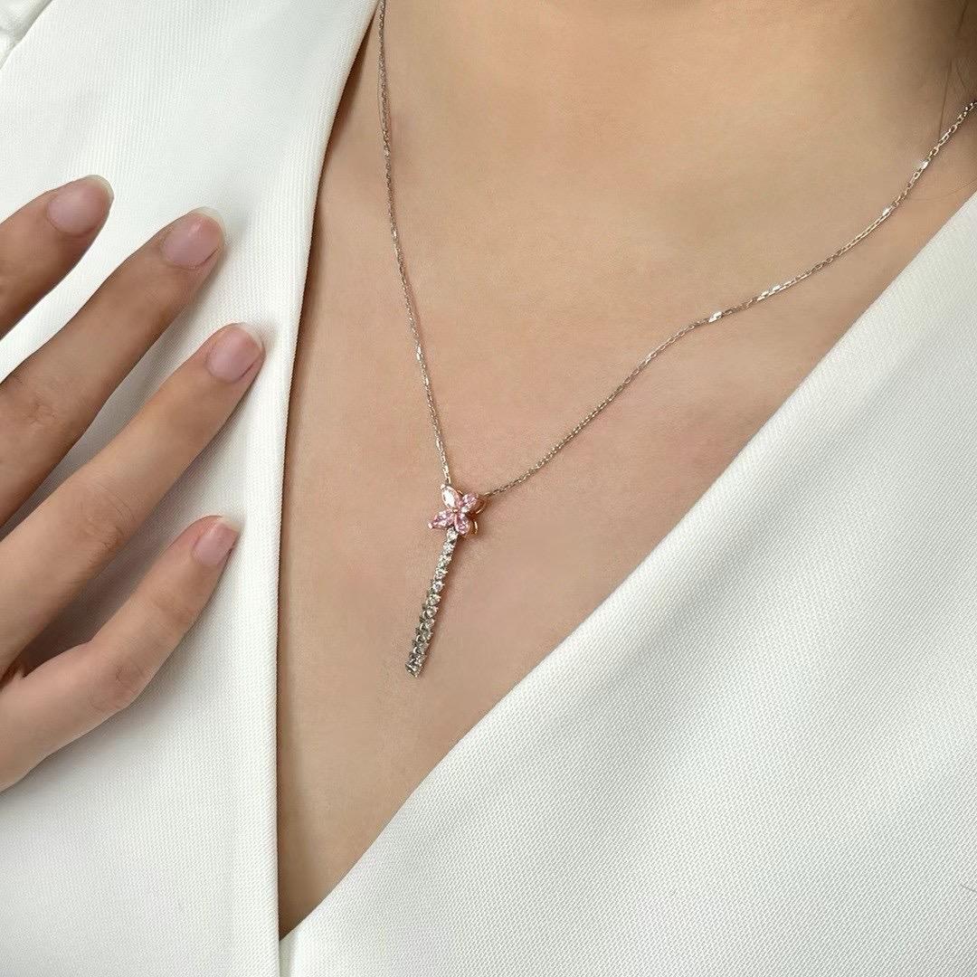 Marquise Cut 18K White Gold Marquise-Cut Fancy Pink Diamond & Diamond Pendant Necklace For Sale