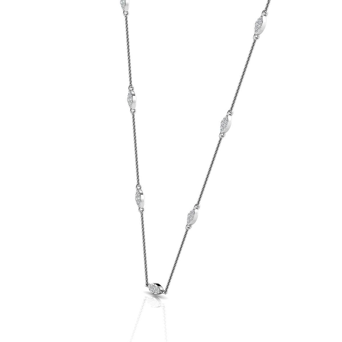 This delicate and elegant necklace features round brilliant diamonds micro-prong set in seven (7) Marquise shape bars. Experience the difference!

Product details: 

Center Gemstone Type: NATURAL DIAMOND
Center Gemstone Color: WHITE
Center Gemstone
