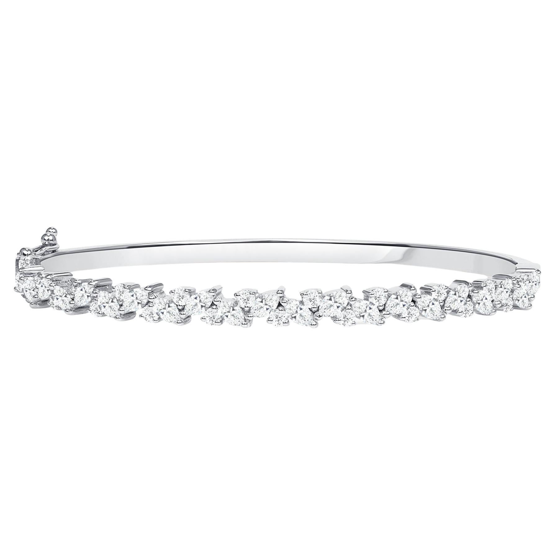 18k White Gold Marquise Diamond Solid Bangle  Combined with Round Diamonds For Sale